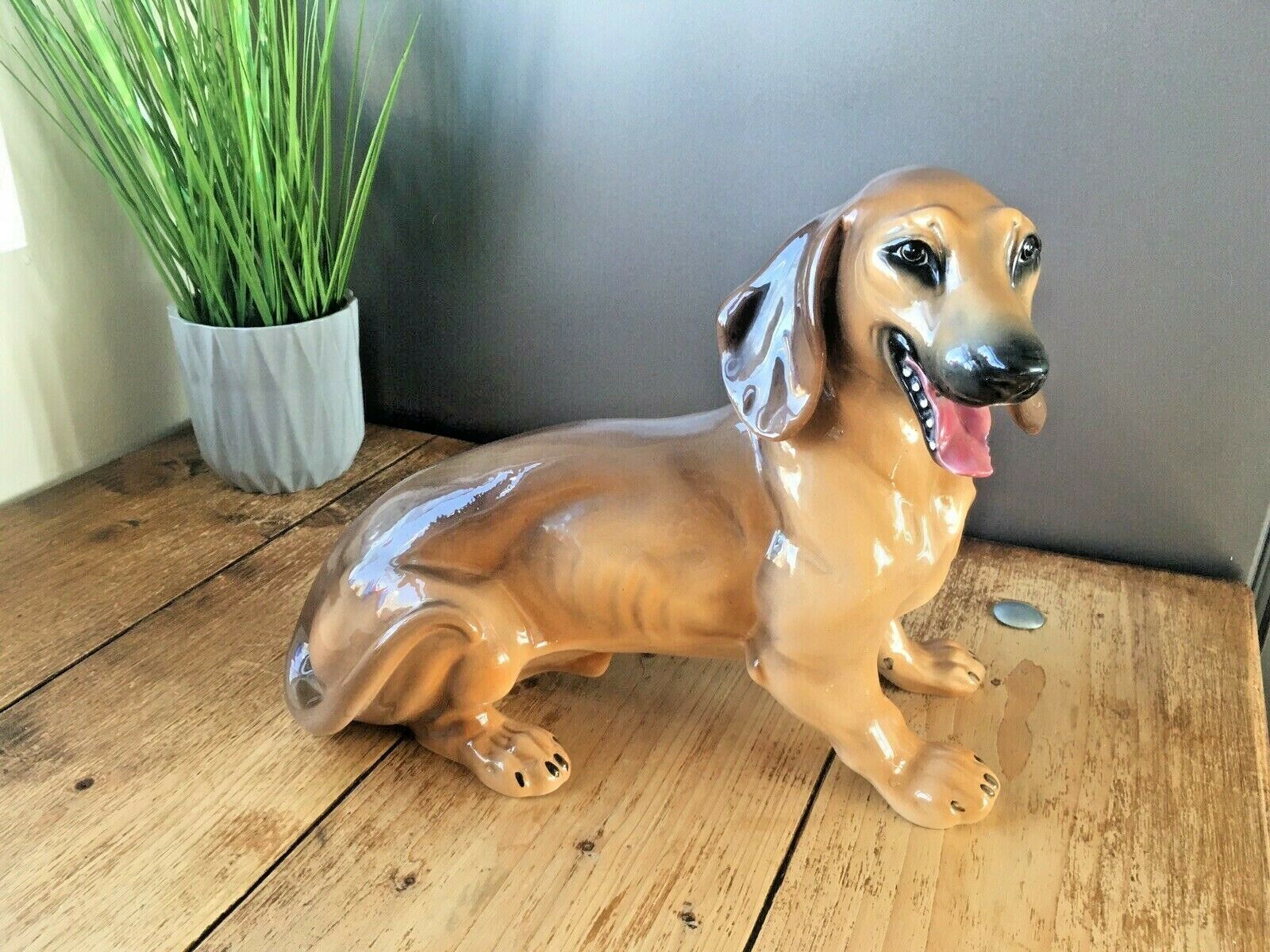 Large Antique / Vintage Italian Pottery Fireside Sitting Dachshund Sausage Dog