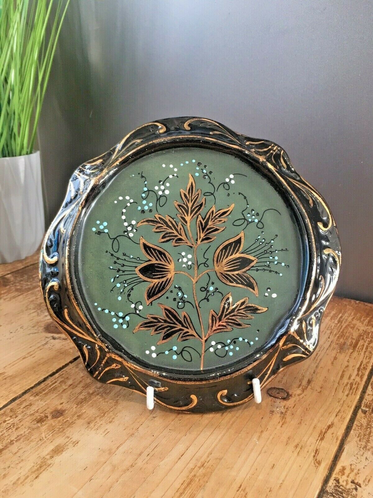 Antique Jackfield Green Gold Blue Floral Teapot & Trivet Stand Gibsons Jetware photo furniture