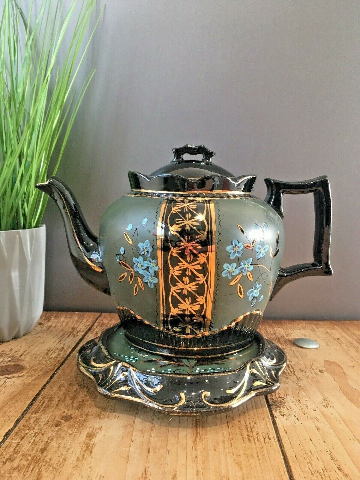 Antique Jackfield Green Gold Blue Floral Teapot & Trivet Stand Gibsons Jetware photo for sale