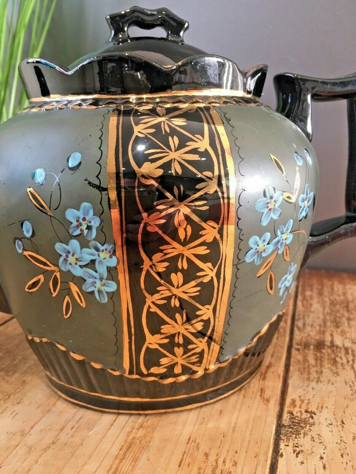 Antique Jackfield Green Gold Blue Floral Teapot & Trivet Stand Gibsons Jetware photo 135.0