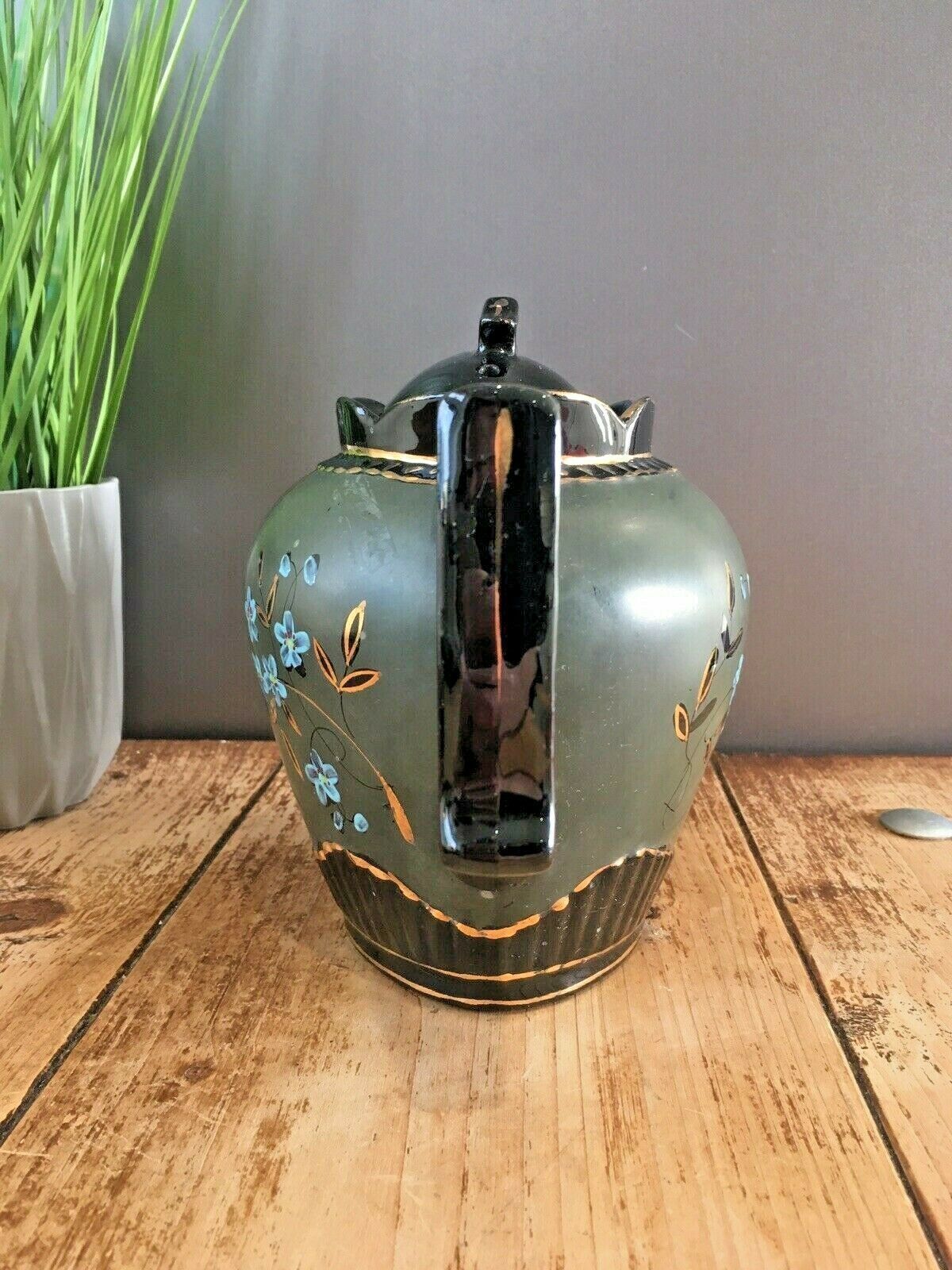 Antique Jackfield Green Gold Blue Floral Teapot & Trivet Stand Gibsons Jetware photo vintage