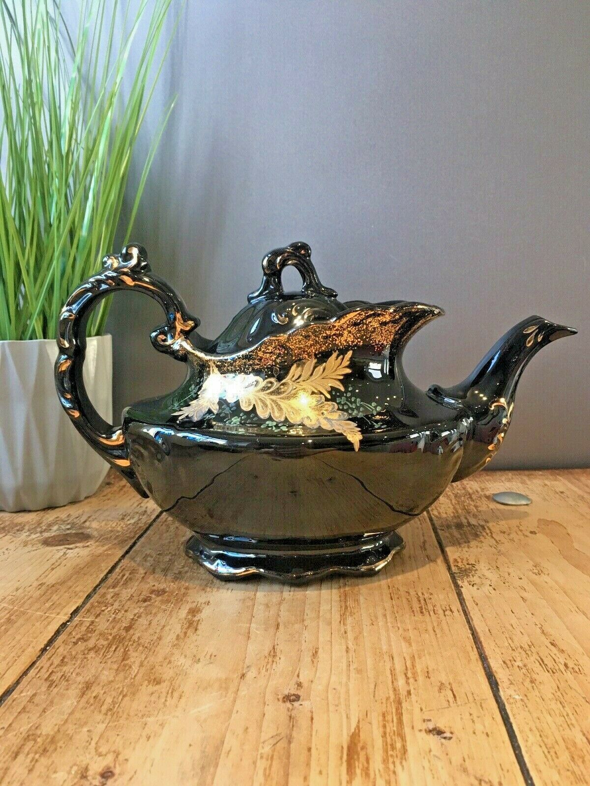 Antique Jackfield Black Gold Gilt Leaves Teapot & Trivet Stand Gibsons Jetware photo buy