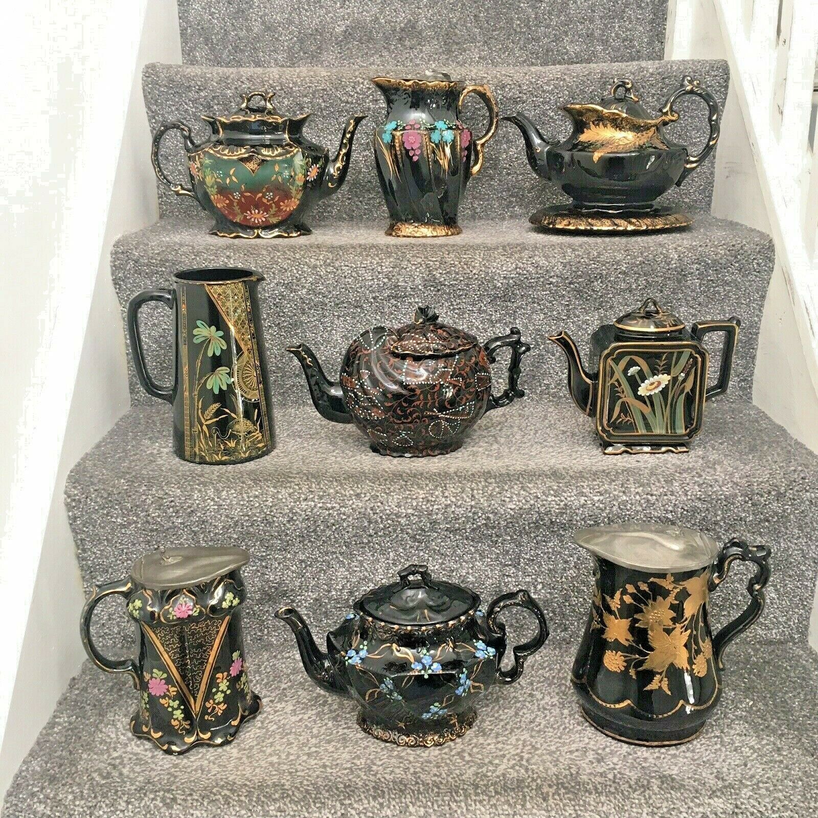 195.0 Antique Jackfield Black Gold Gilt Leaves Teapot & Trivet Stand Gibsons Jetware photo