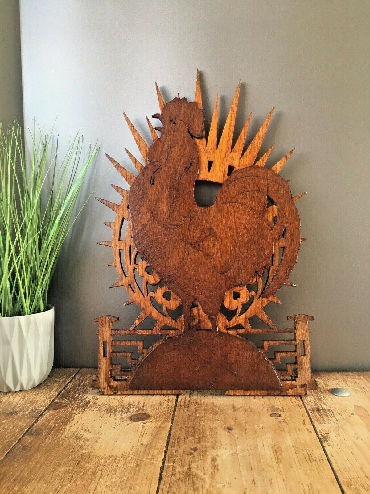 Antique Mid Century Modern Sunburst Chicken Rooster Fretwork Wall Plaque Hanging photo furniture