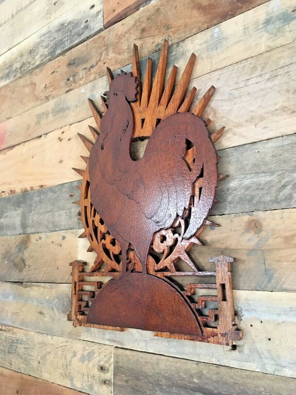 Art Antique Mid Century Modern Sunburst Chicken Rooster Fretwork Wall Plaque Hanging photo