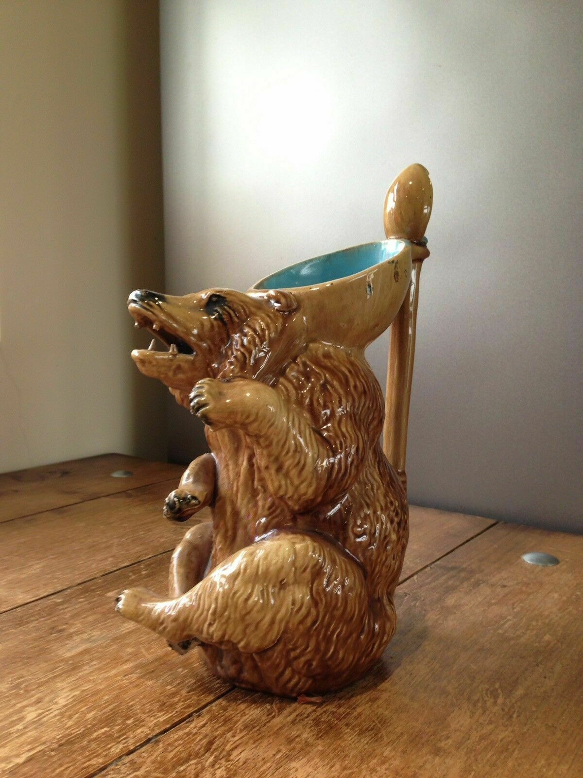 photo for sale Rare 10" Antique 19th C English Majolica George Skey Honey Bear Jug Pitcher Af