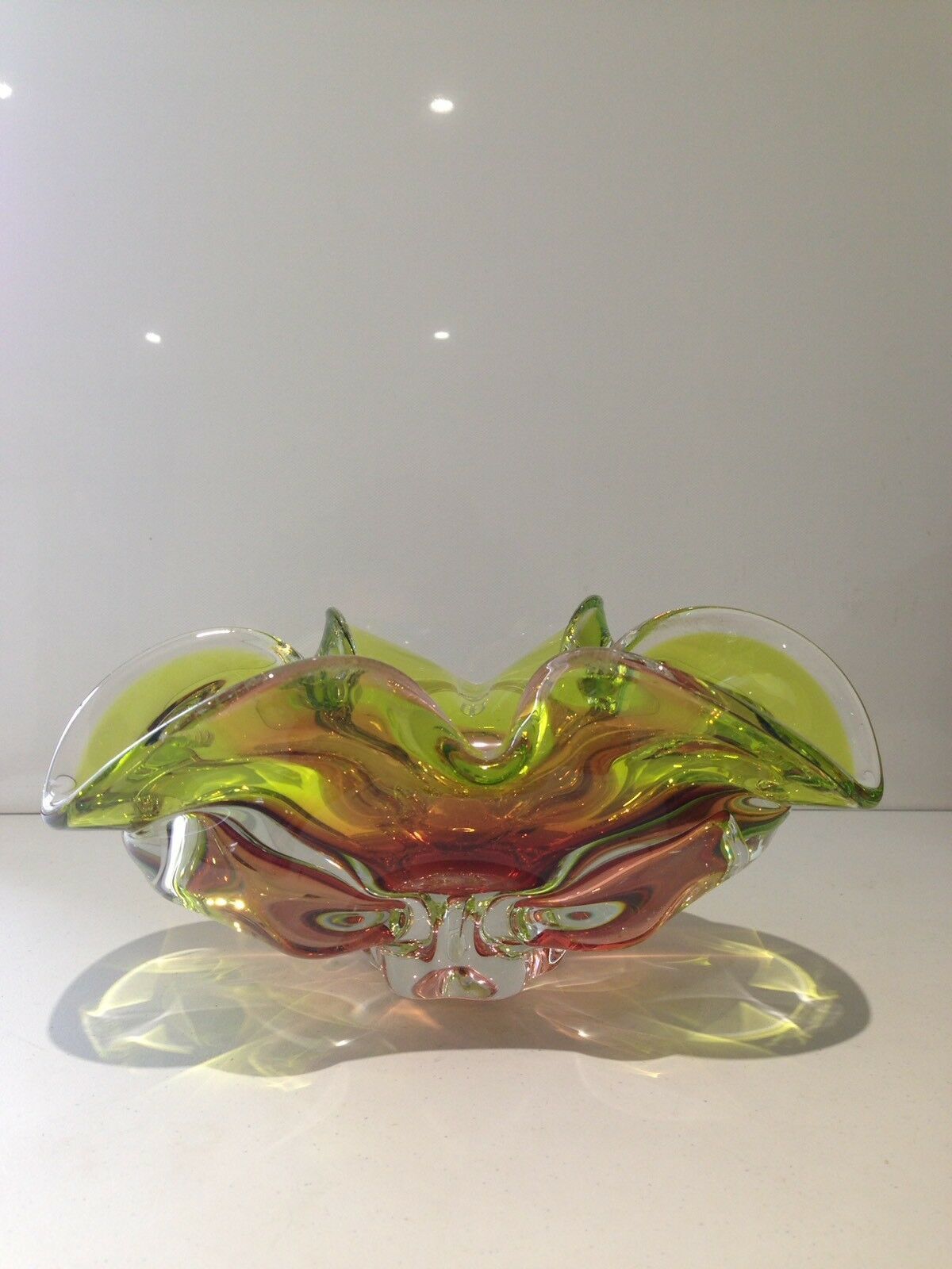 Large Heavy Green & Brown Czech Chribska Freeform Art Glass Bowl Josef Hospodka photo for sale