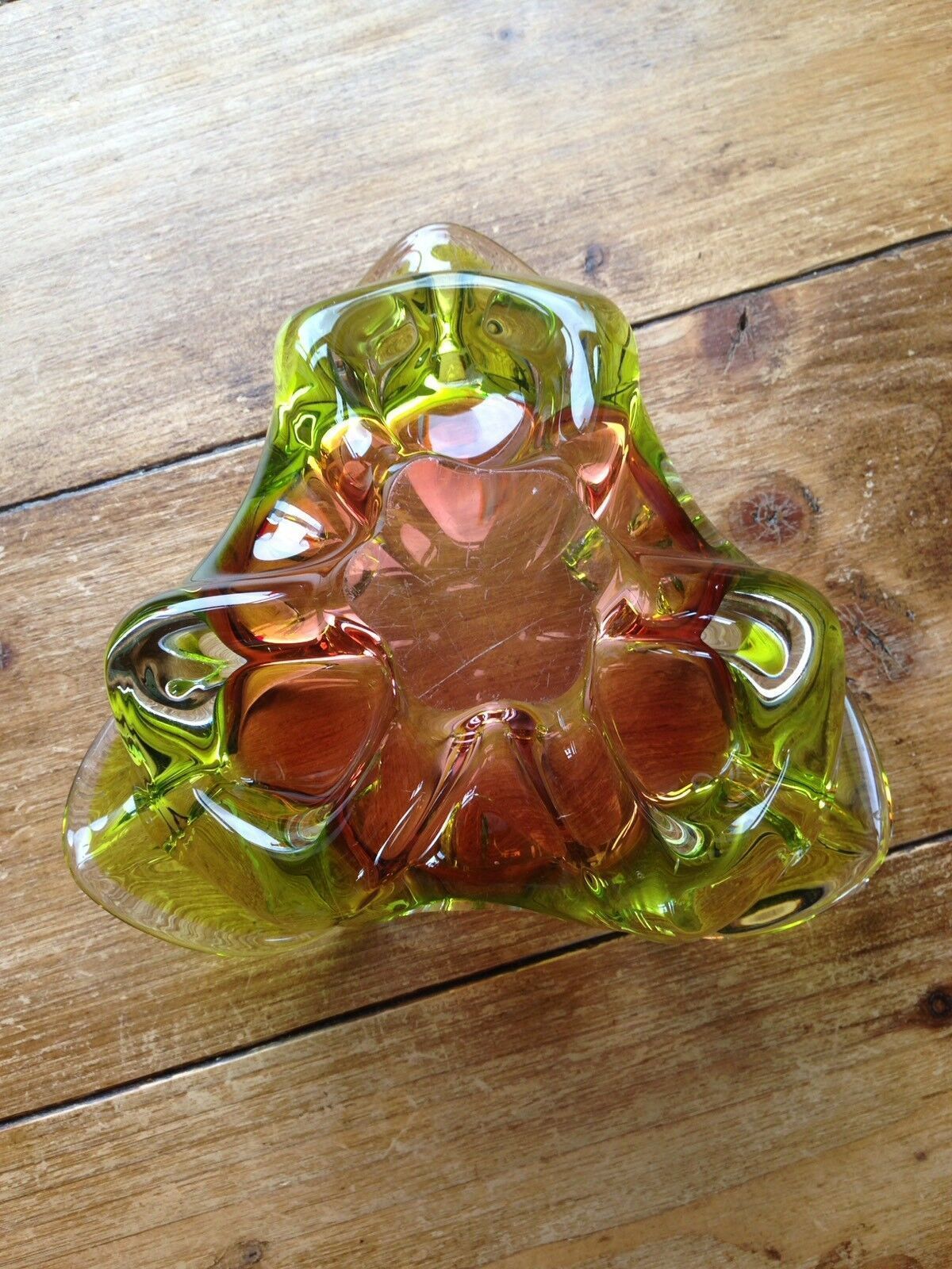 Large Heavy Green & Brown Czech Chribska Freeform Art Glass Bowl Josef Hospodka photo vinterior