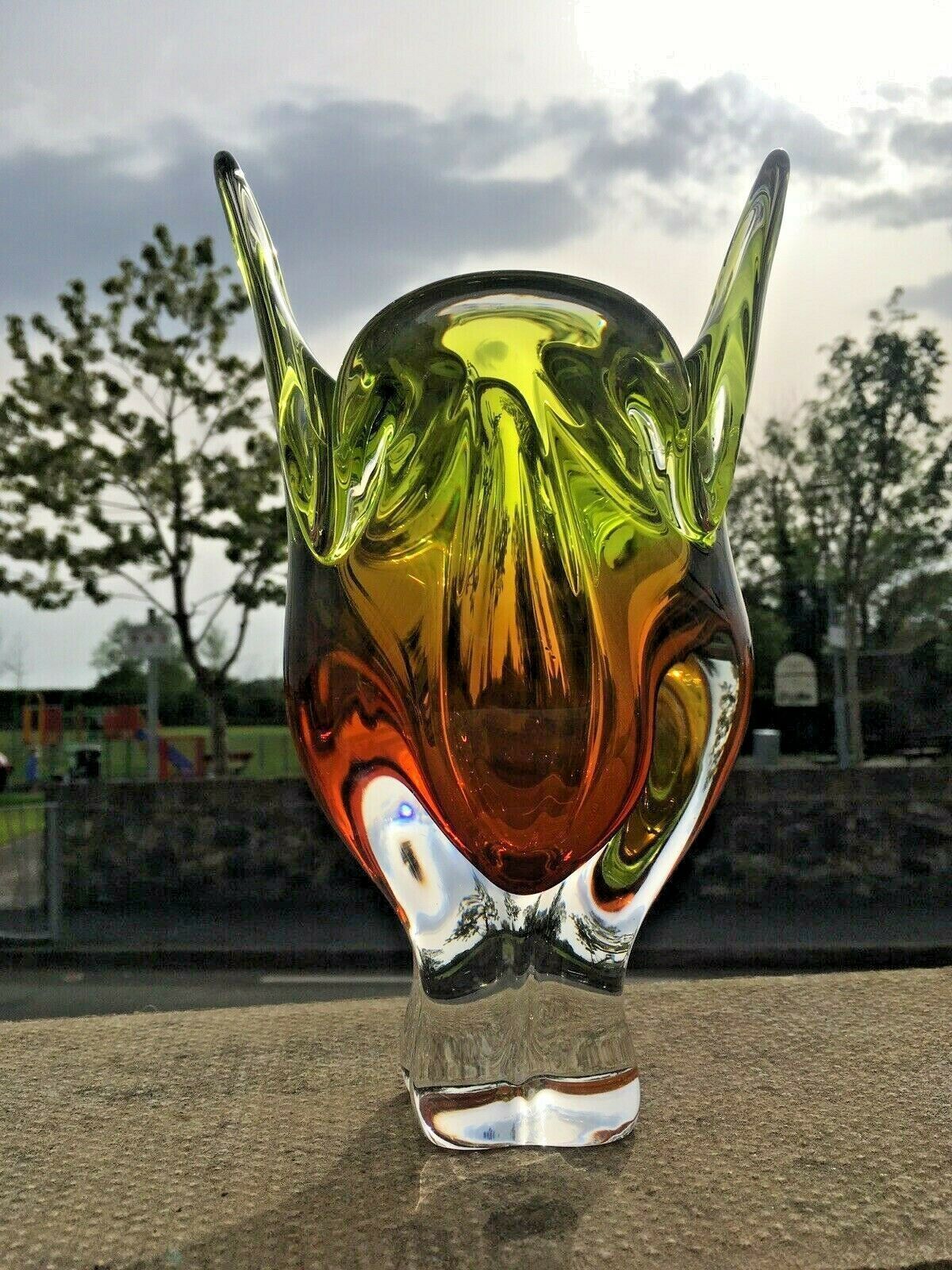 50.0 Large Heavy Green & Brown Czech Chribska Freeform Art Glass Bowl Josef Hospodka photo