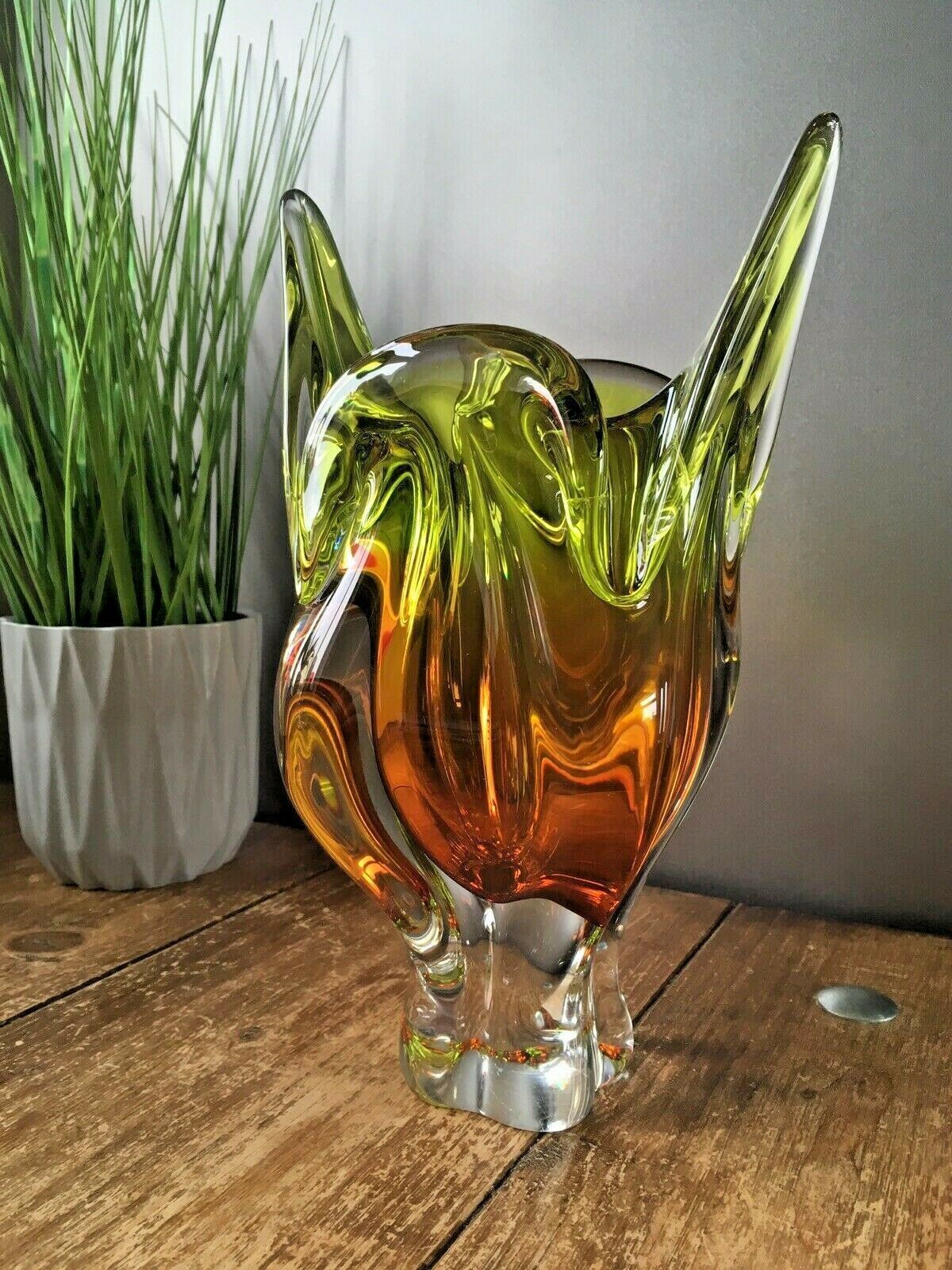 Large Heavy Green & Brown Czech Chribska Freeform Art Glass Vase Josef Hospodka photo Home Decor