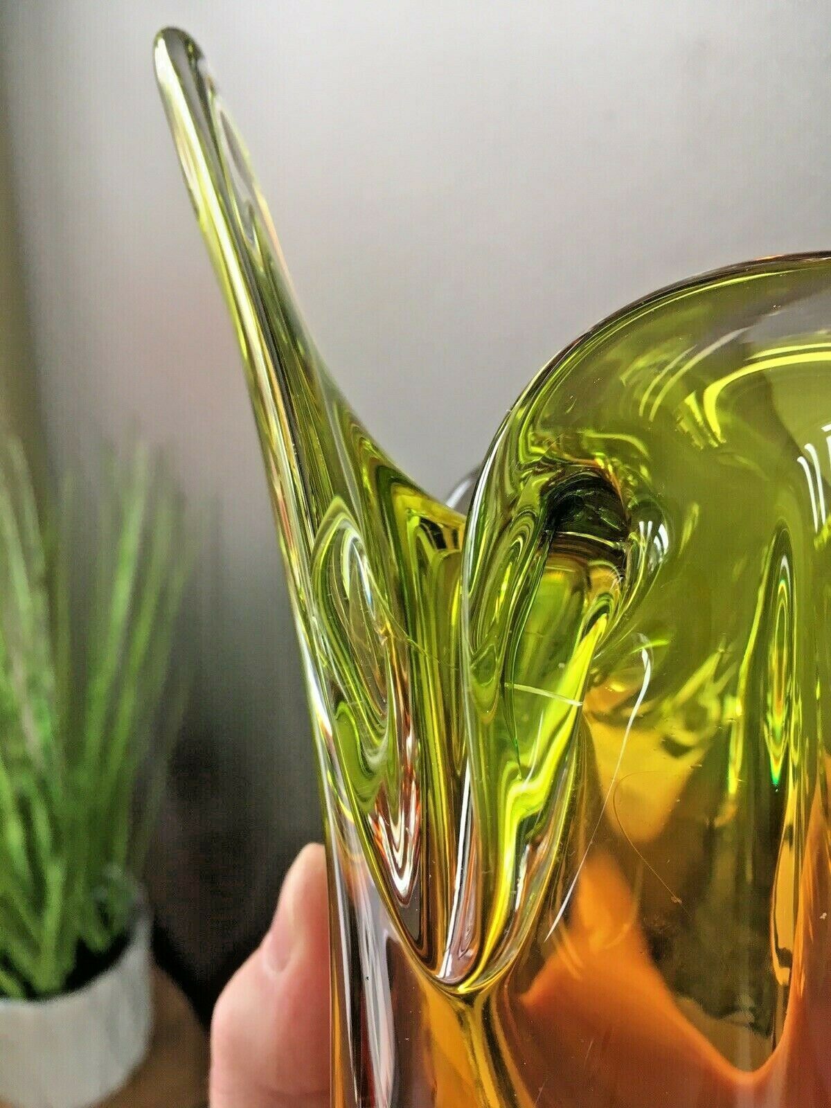 Large Heavy Green & Brown Czech Chribska Freeform Art Glass Vase Josef Hospodka photo buy