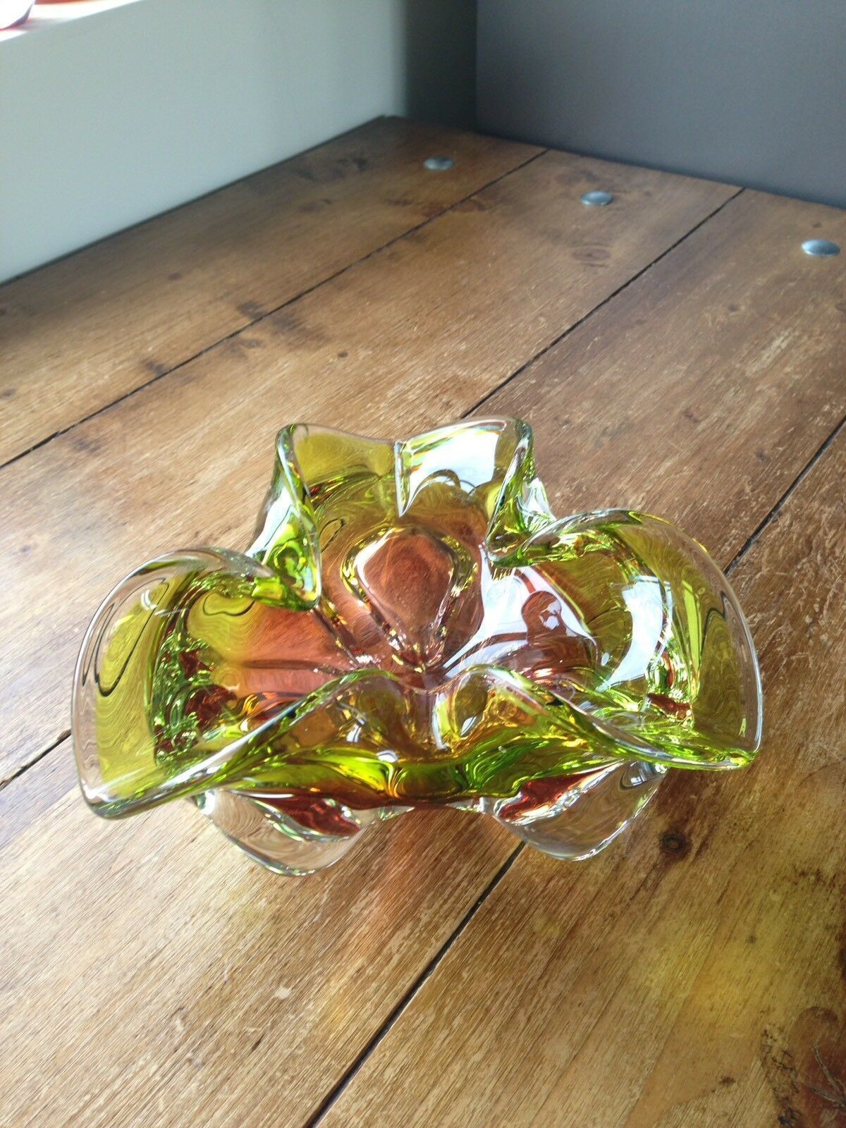 50.0 Large Heavy Green & Brown Czech Chribska Freeform Art Glass Vase Josef Hospodka photo