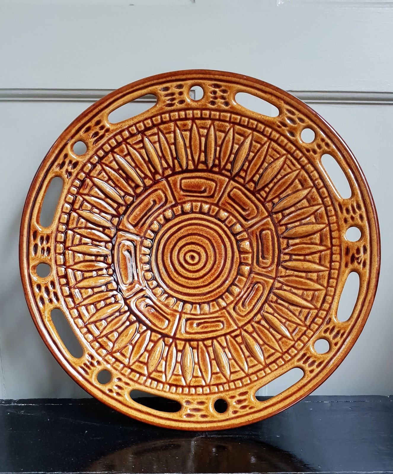 Large Mid Century Modern French Ceramic Sunflower Plate   1950s 1960s   Grottes De Dieulefit photo furniture