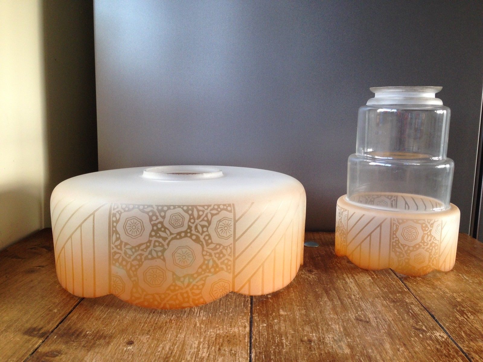 photo for sale 2 Piece Art Deco Orange Frosted Floral Flower Power Glass Ceiling Light Shade