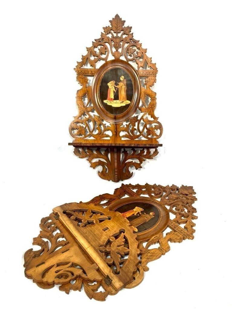 Antique Pair Of Italian Sorrento Ware Olive Wood Fretwork Shelves / Shelf C.1900 photo Furniture