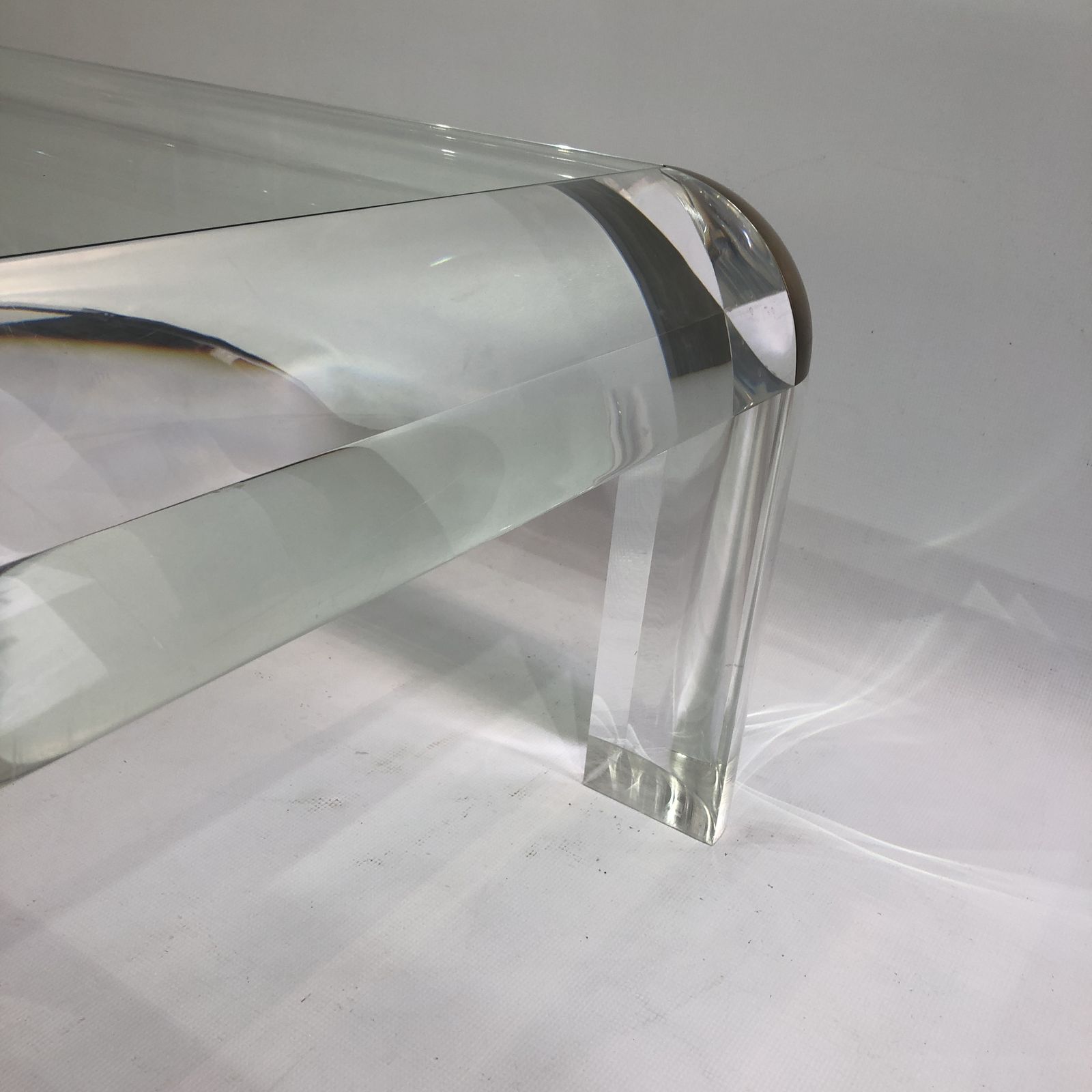 photo for sale Lucite And Brass Karl Springer Style Coffee Table 1970s Modernist Mid Century