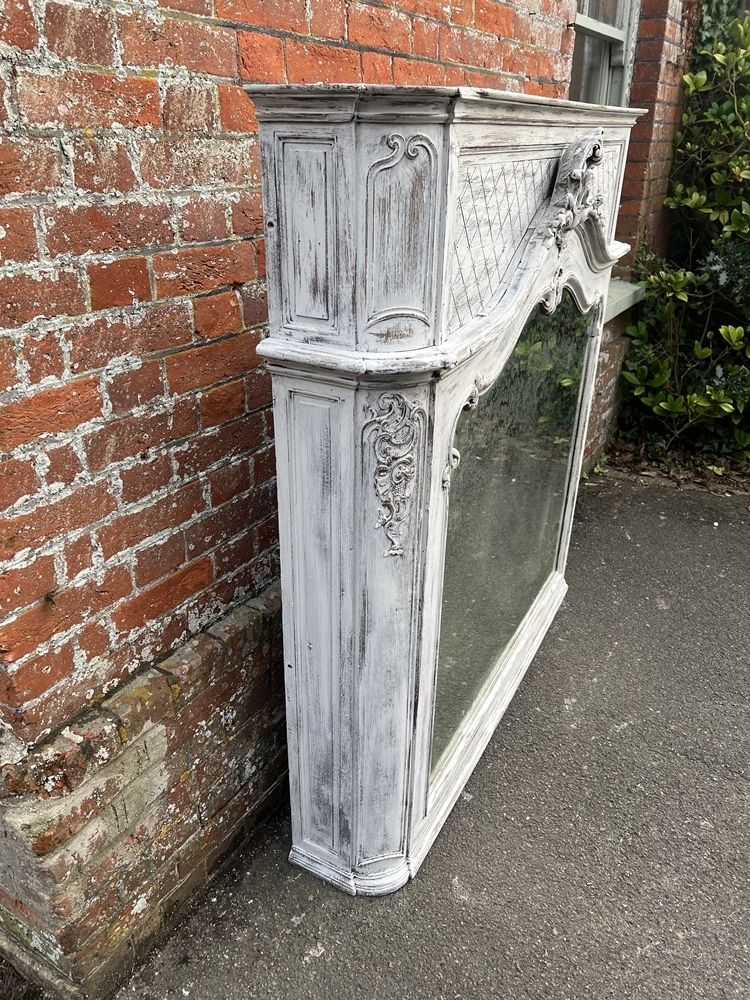 A Spectacular Highly Unusual Large Antique French 19th Century Carved Wood Painted Overmantle Mirror photo for sale