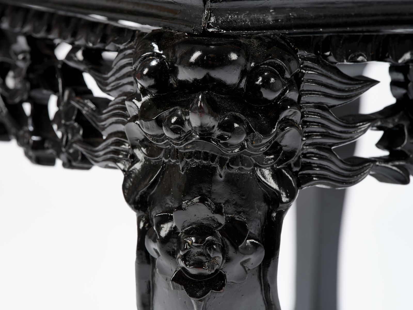 Gorgeous 'Ebonised' Intricately Carved Asian Lions Head Table With Seat Pad. Circa 1970. photo vinterior