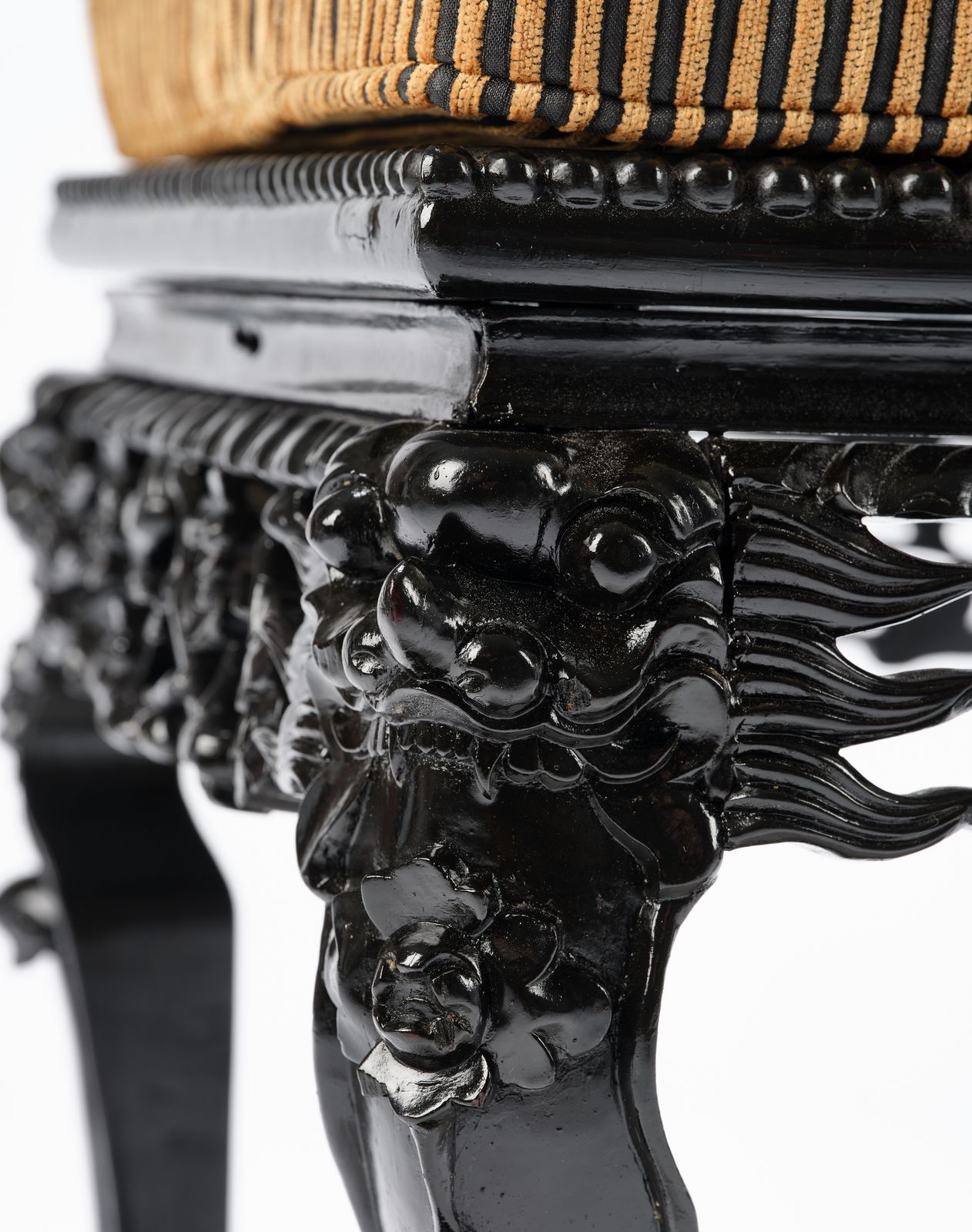 photo for sale Gorgeous 'Ebonised' Intricately Carved Asian Lions Head Table With Seat Pad. Circa 1970.