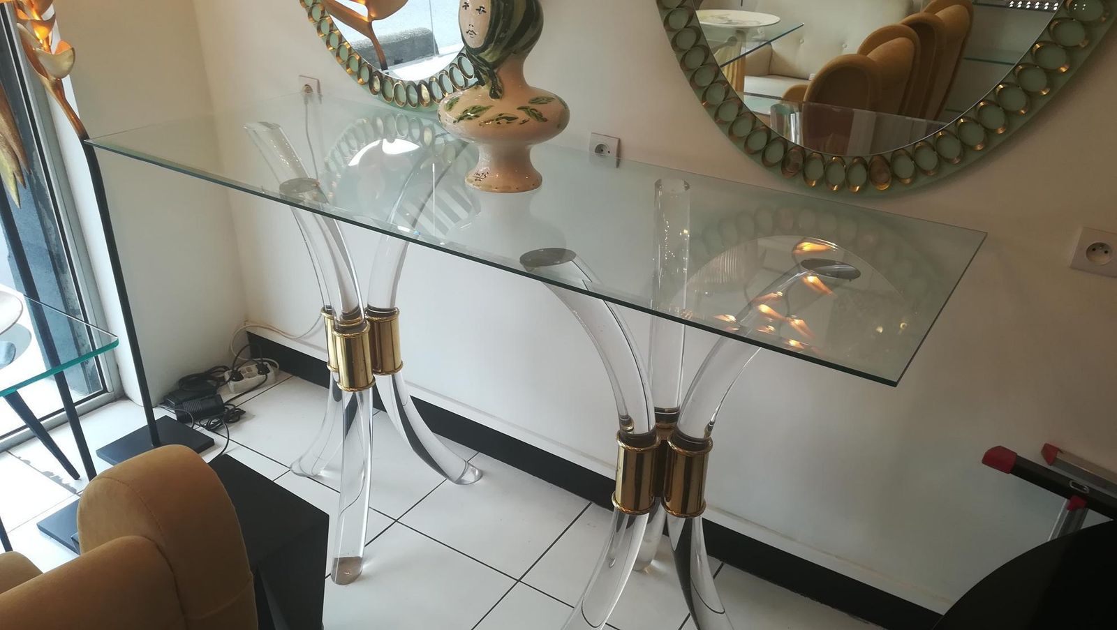 Plexiglass And Brass Console Circa 1970, With Glass Tray photo for sale