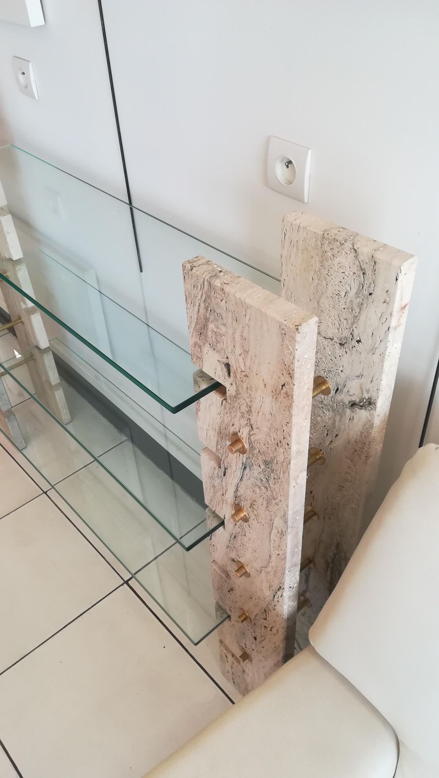 Furniture Console Or Book Holder In Travertine And Glass, Circa 1970 photo