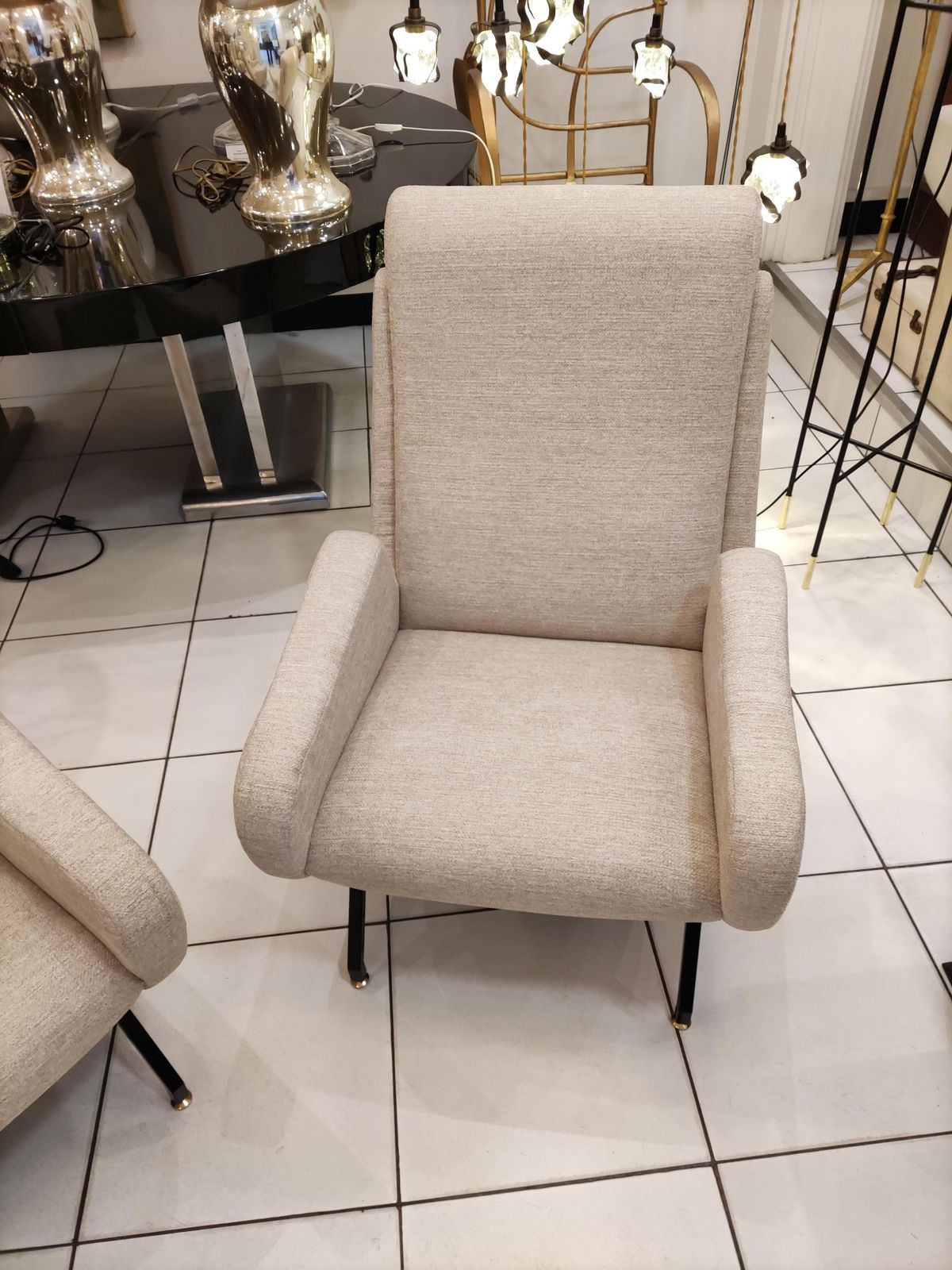 Pair Of Italian Armchairs With Black Metal Feet photo for sale