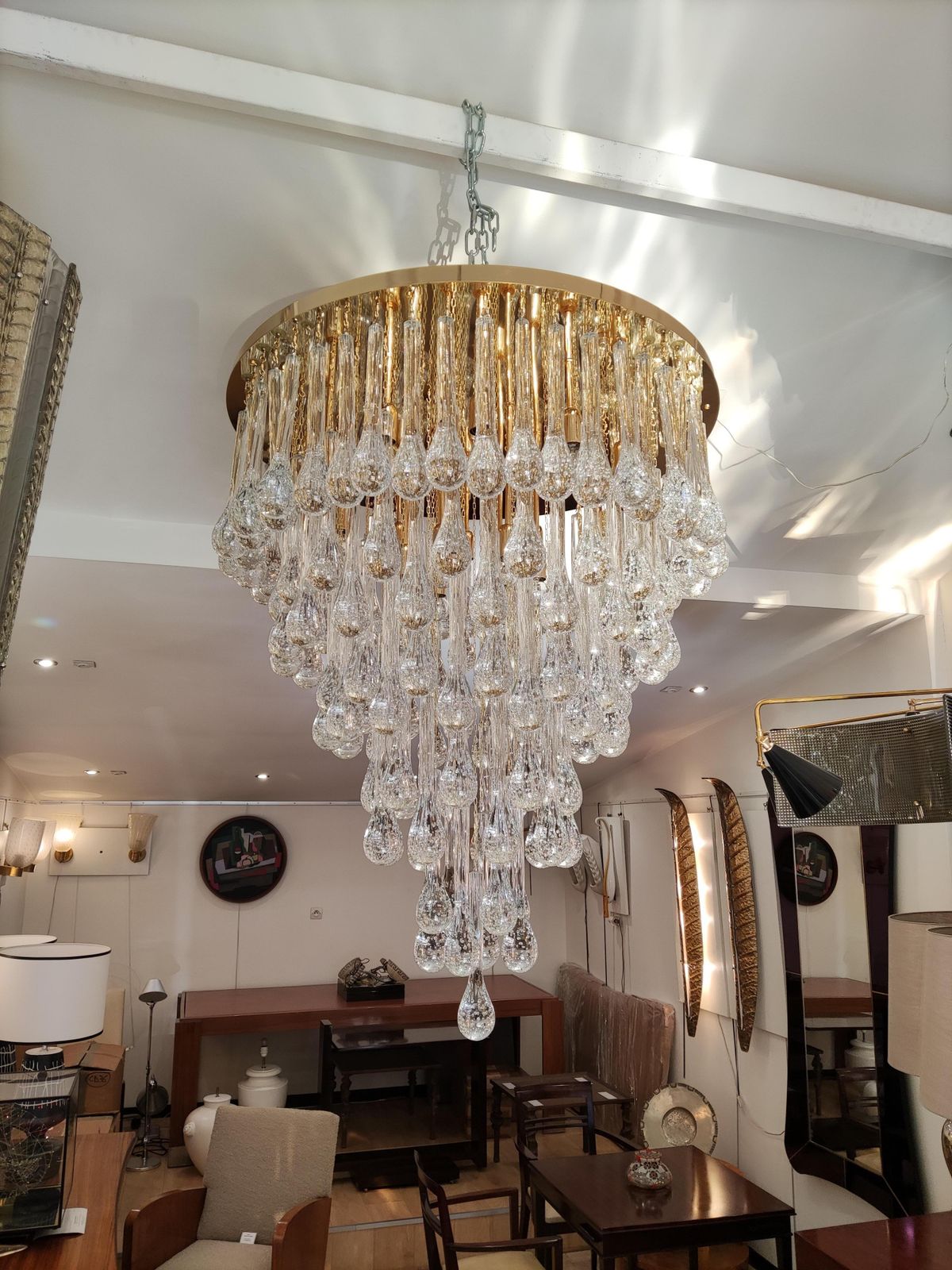 Murano Glass Chandelier Golden Brass And Crystal Drops photo Lighting