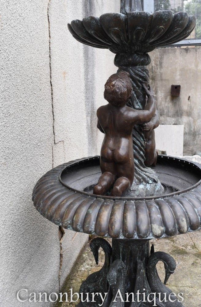 photo buy Bronze Cherub Fountain   Classical French Verdis Gris Swan Tiered Base