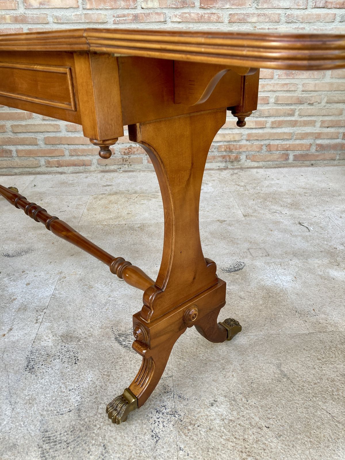 Mid 20th Century Winged Console Table In Walnut With Claw Feet In Bronze, Two Drawers And Wheels photo for sale
