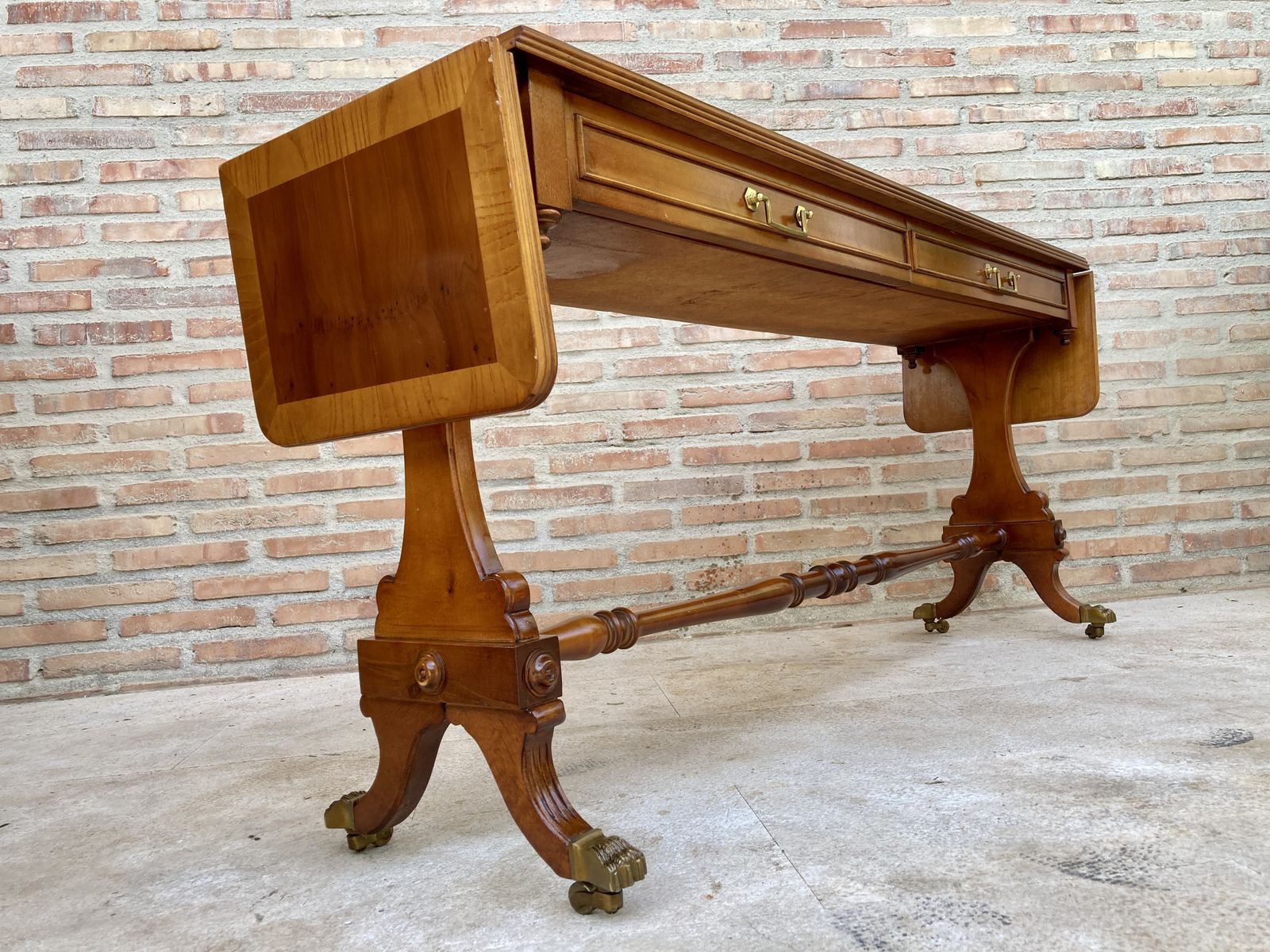 Mid 20th Century Winged Console Table In Walnut With Claw Feet In Bronze, Two Drawers And Wheels photo Furniture