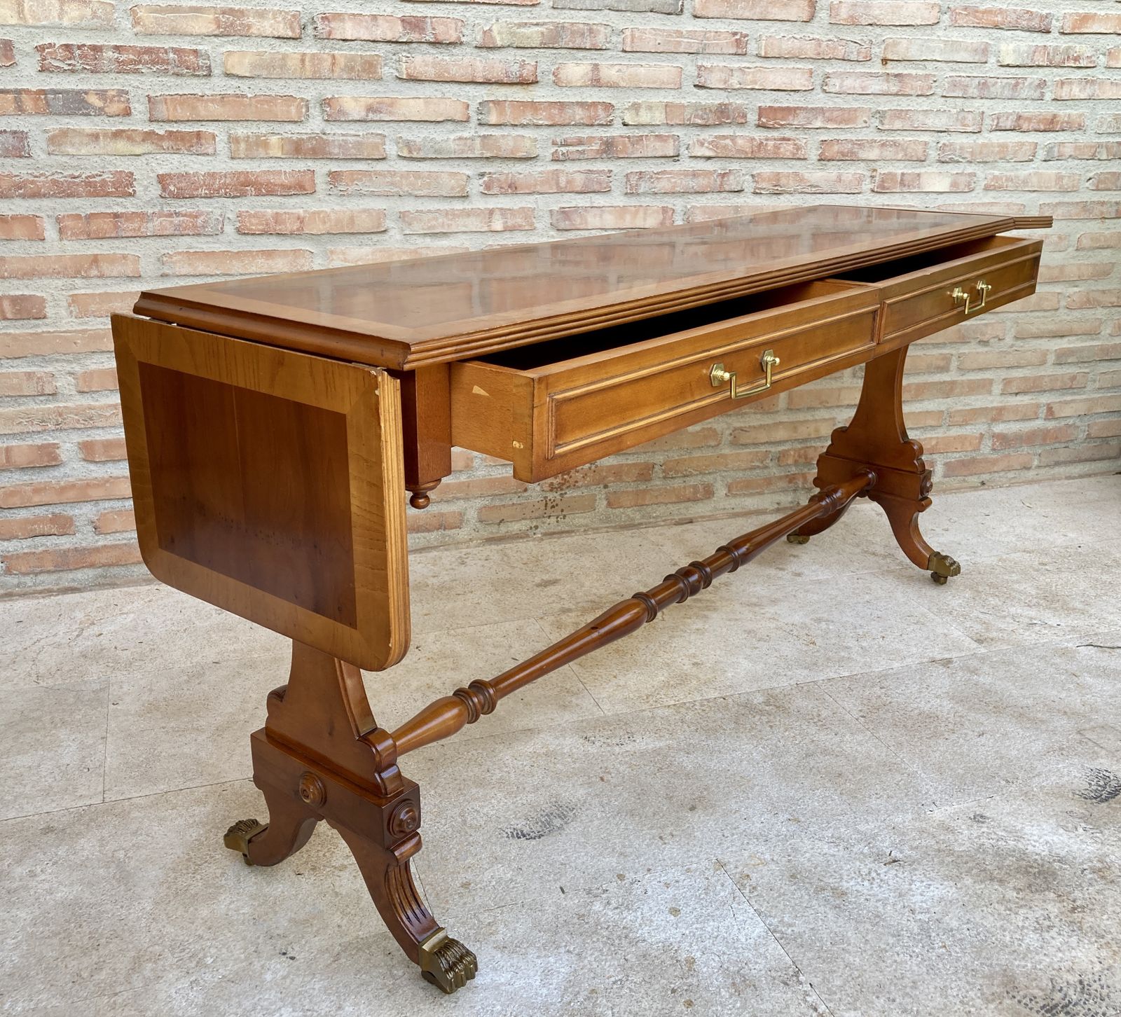 photo buy Mid 20th Century Winged Console Table In Walnut With Claw Feet In Bronze, Two Drawers And Wheels