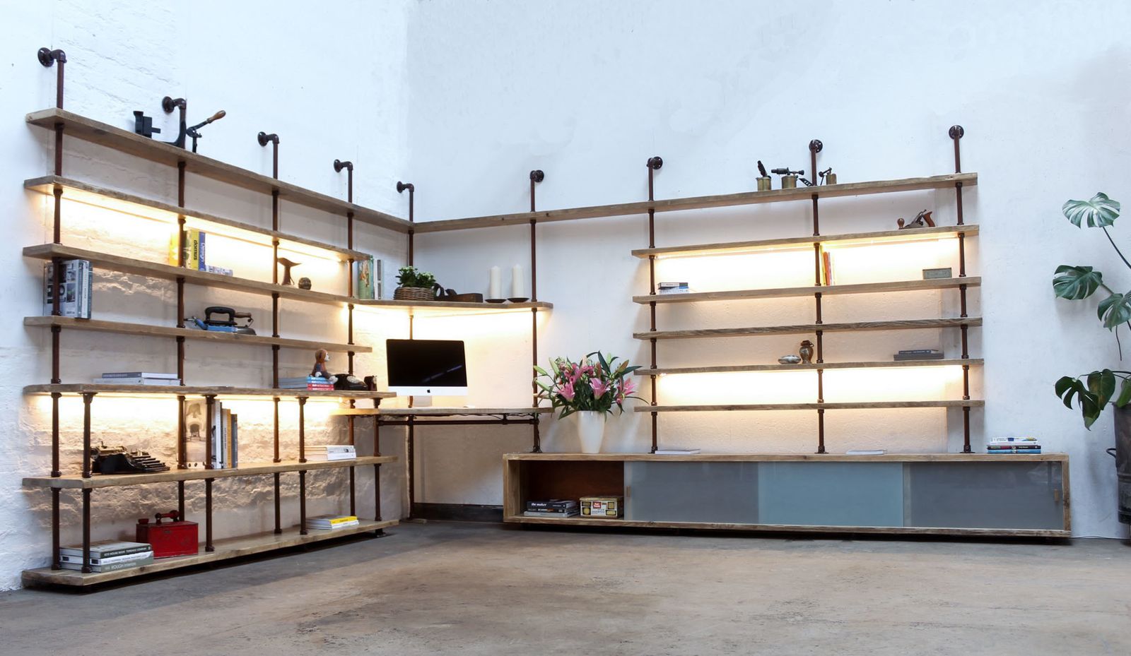 Mc Leod Reclaimed Scaffolding, Steel Pipe Industrial Corner Desk & Led Lit Shelves With Sliding Doors photo vintage