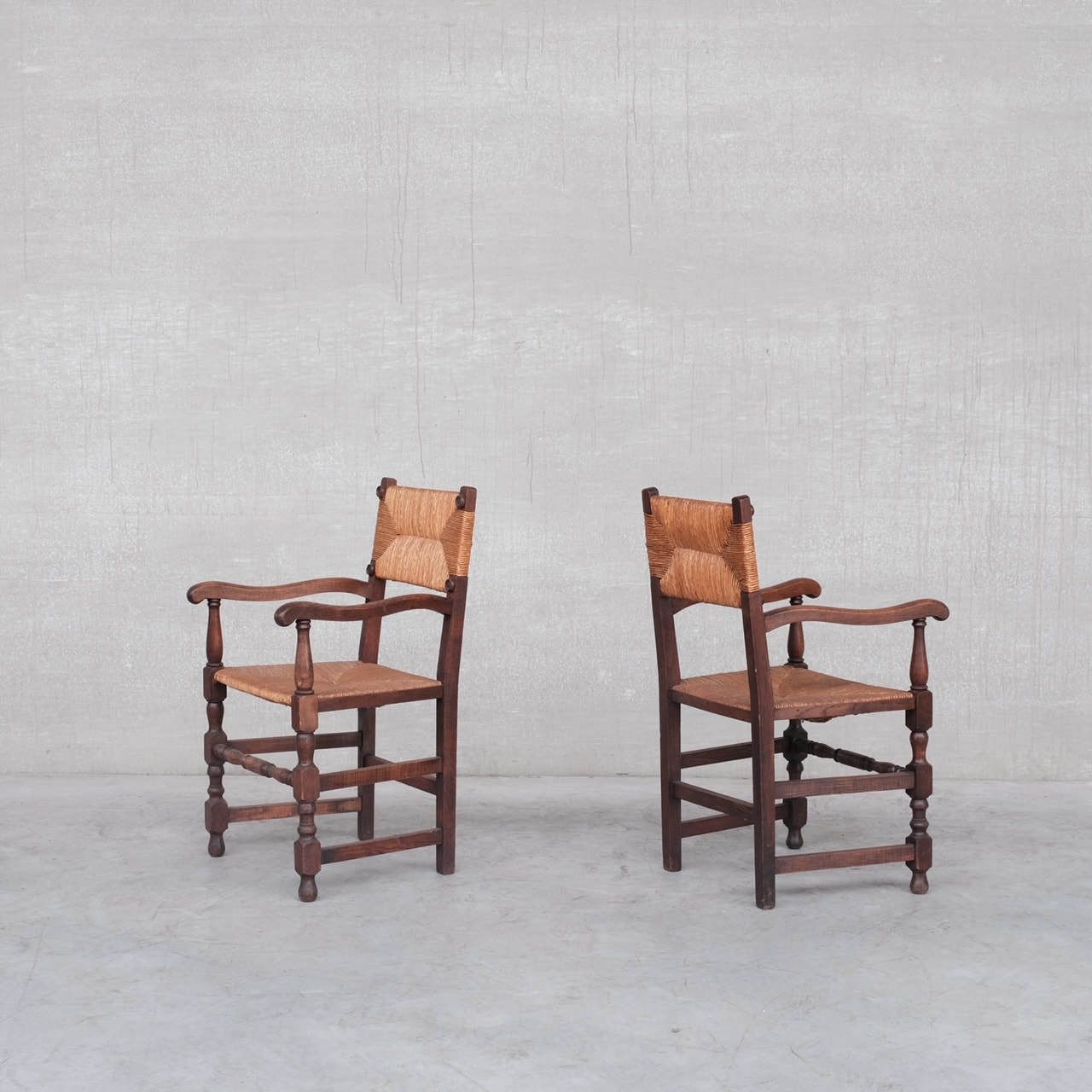 Pair Of Mid Century Oak And Rush French Armchairs