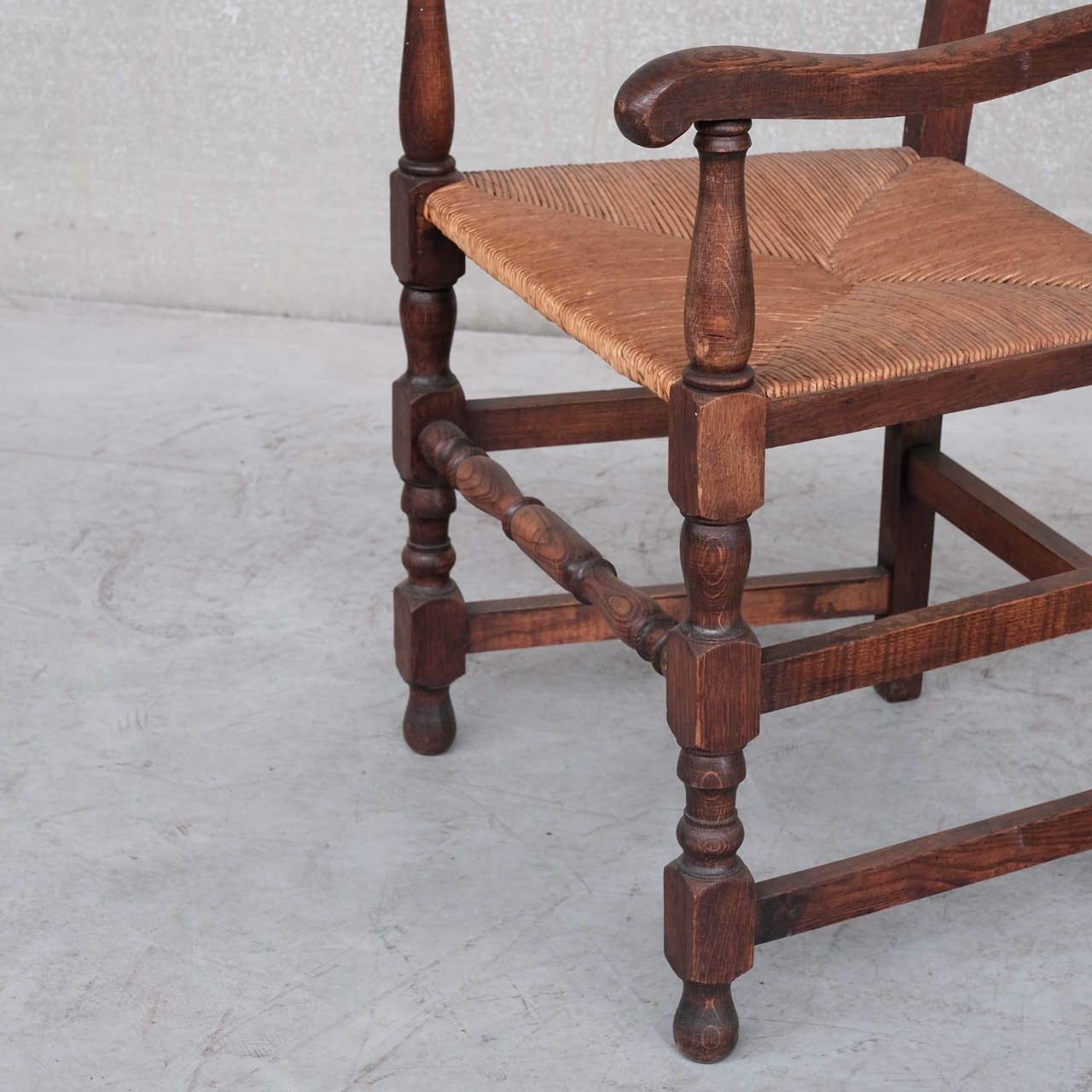 Pair Of Mid Century Oak And Rush French Armchairs photo vinterior