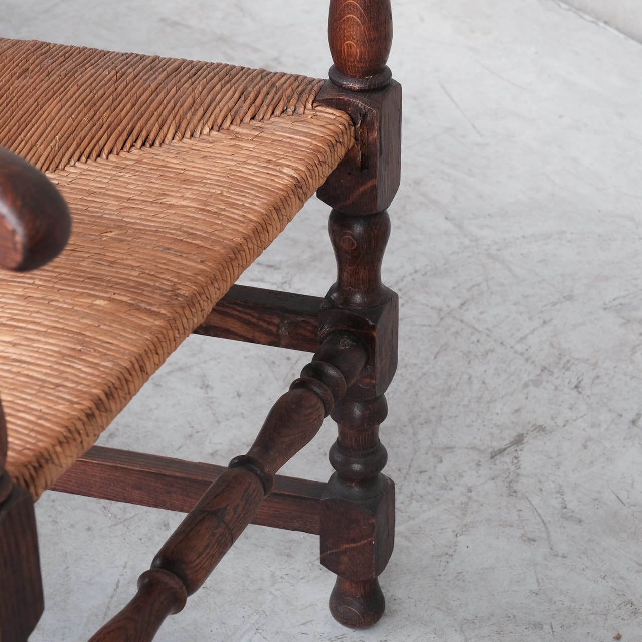 Furniture Pair Of Mid Century Oak And Rush French Armchairs photo
