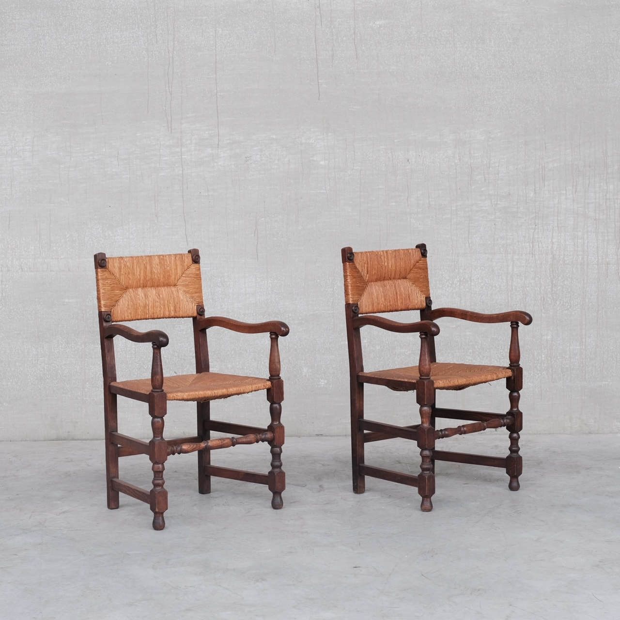 photo buy Pair Of Mid Century Oak And Rush French Armchairs
