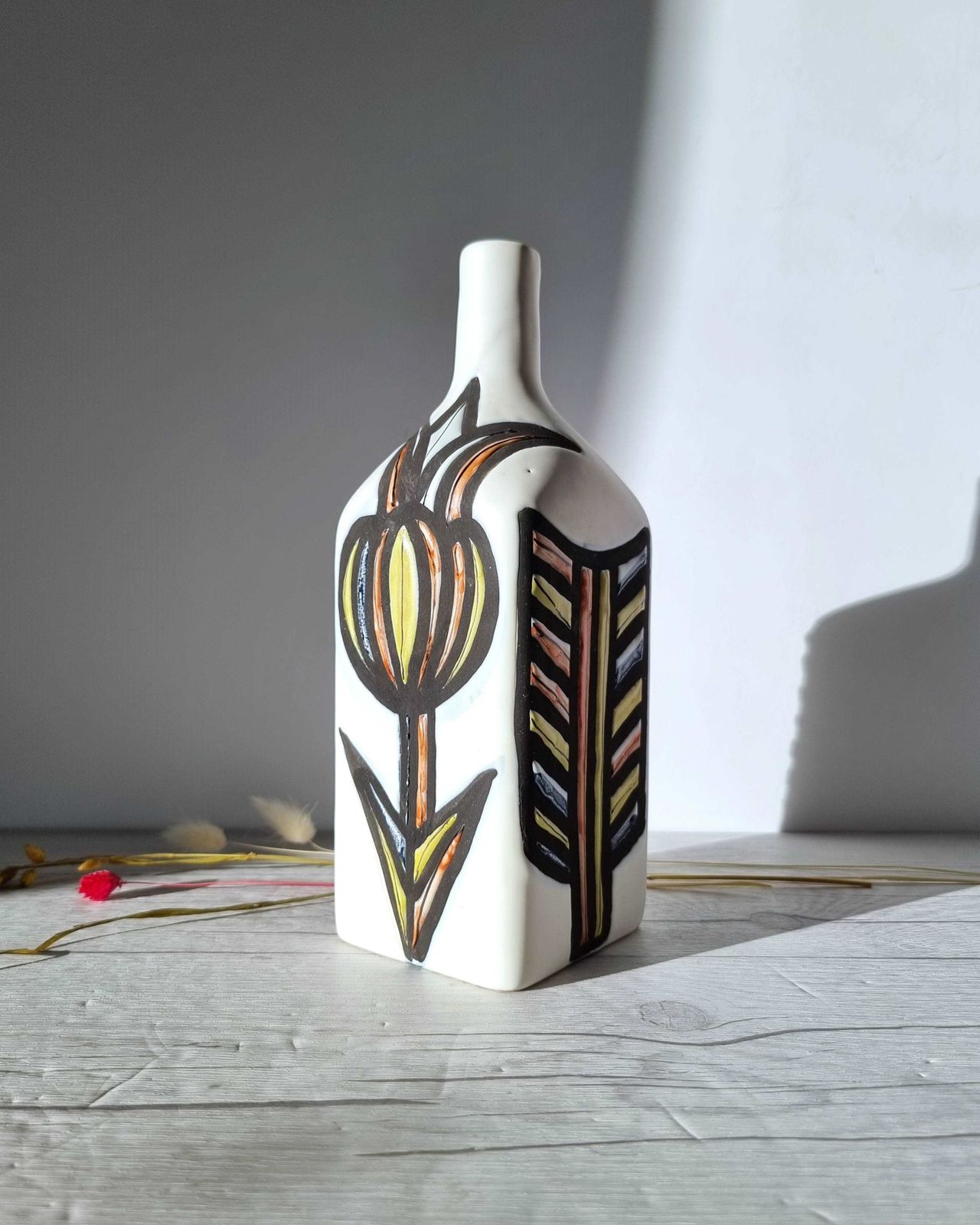 Roger Capron For Vallauris, Dipped White And Multicolour Glaze, Signed Sculptural Bottle Vase, 1950s photo for sale
