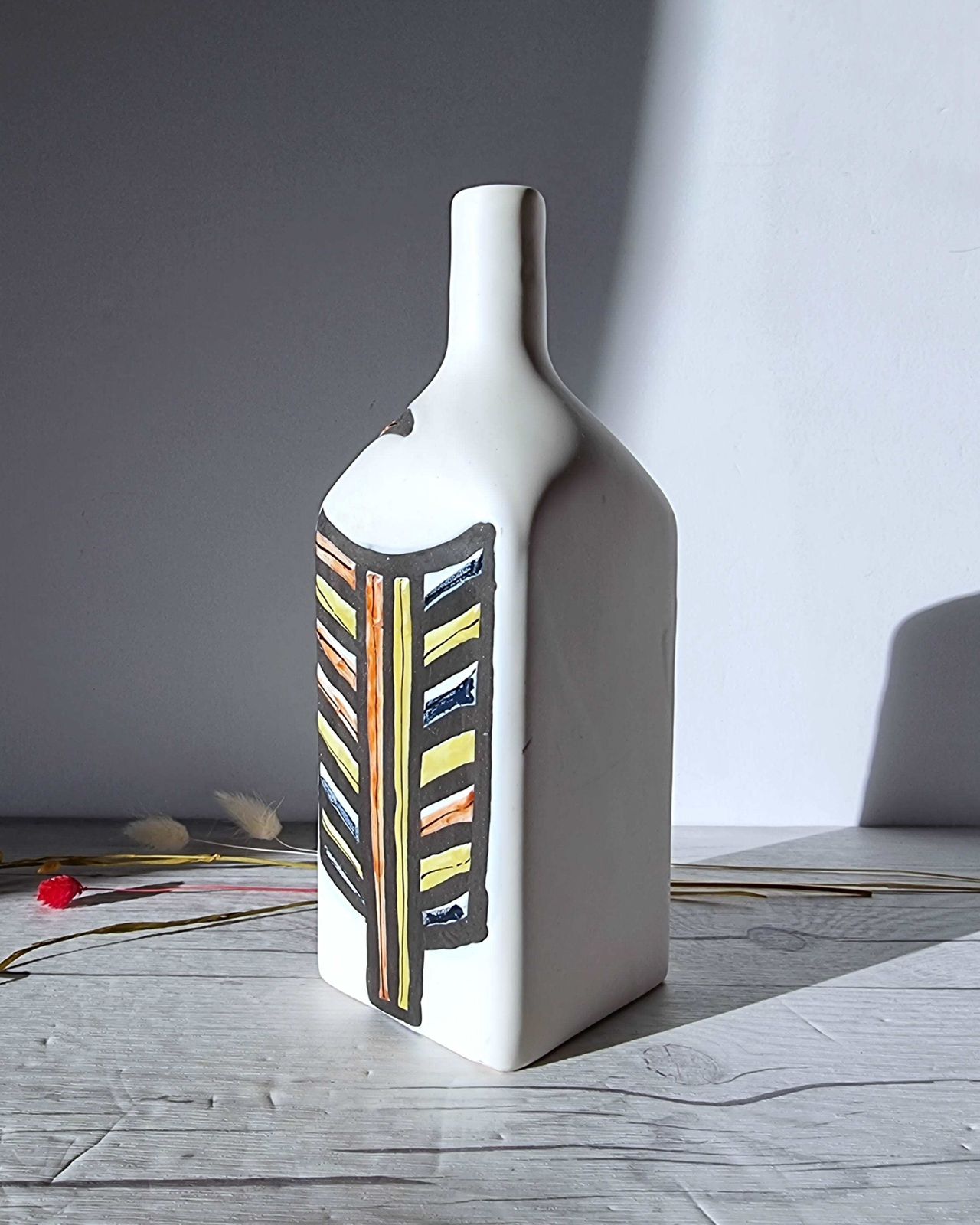 Roger Capron For Vallauris, Dipped White And Multicolour Glaze, Signed Sculptural Bottle Vase, 1950s photo vintage