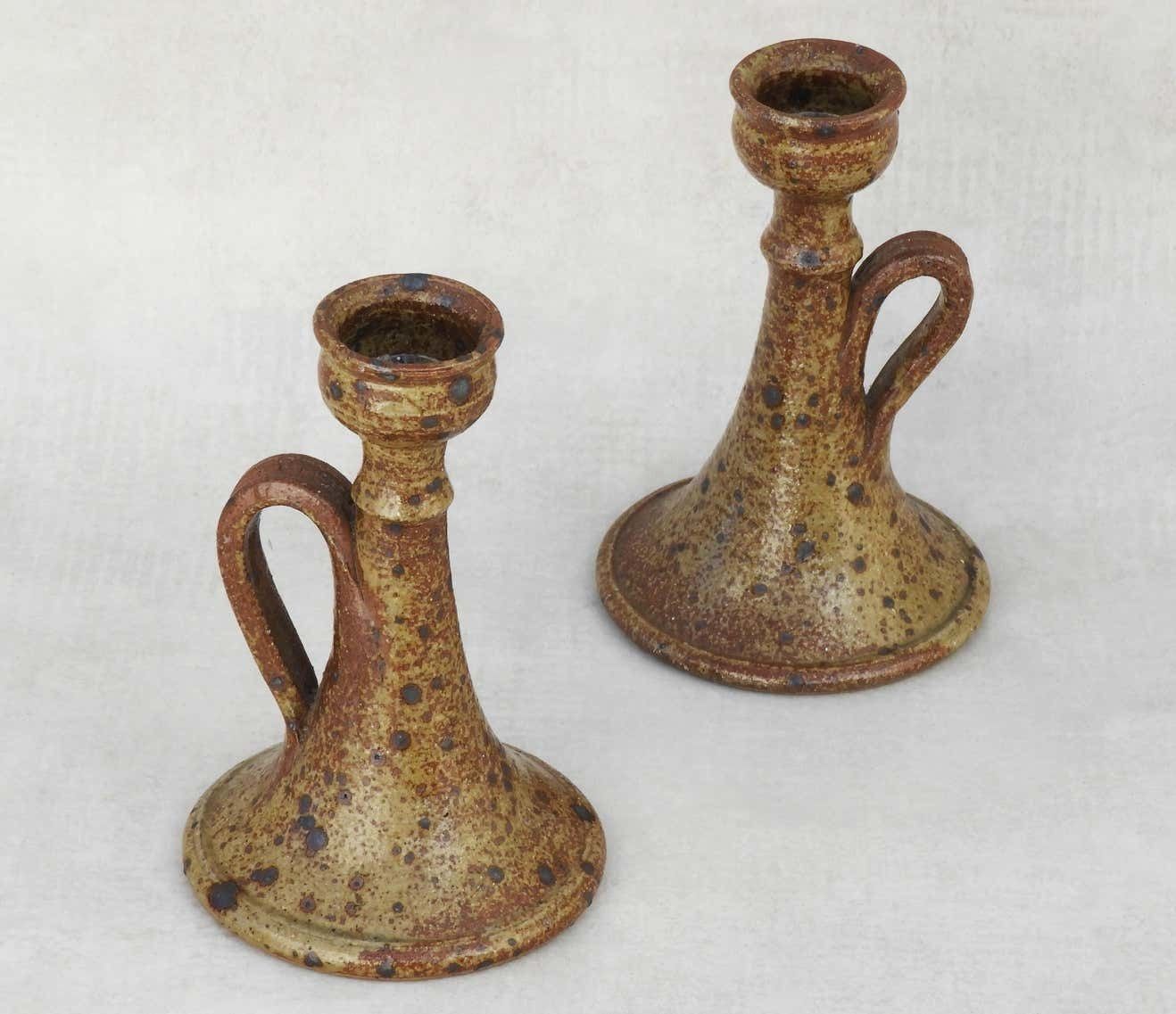 Pair Of Organic Ironstone Candle Holders 1960s French Studio Pottery photo vinterior