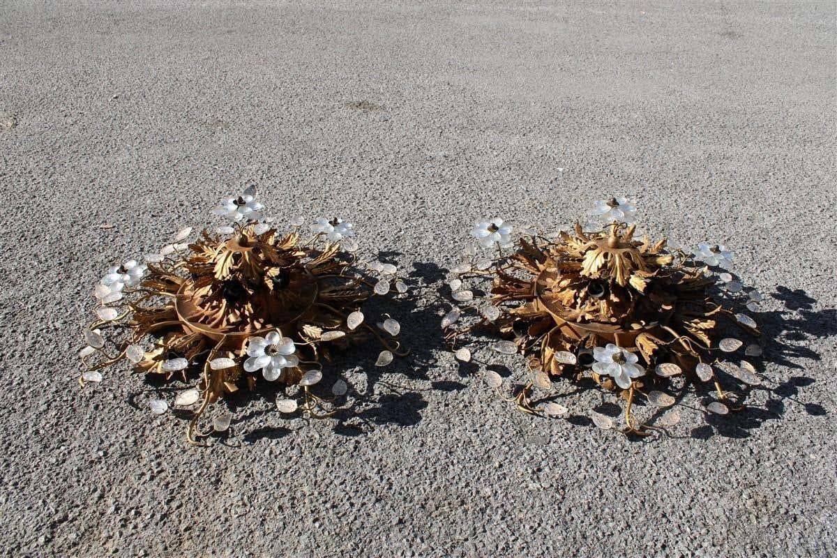 Pair Of Round Ceiling Lights In Golden Metal And French Midcentury 1950s Crystal photo Lighting