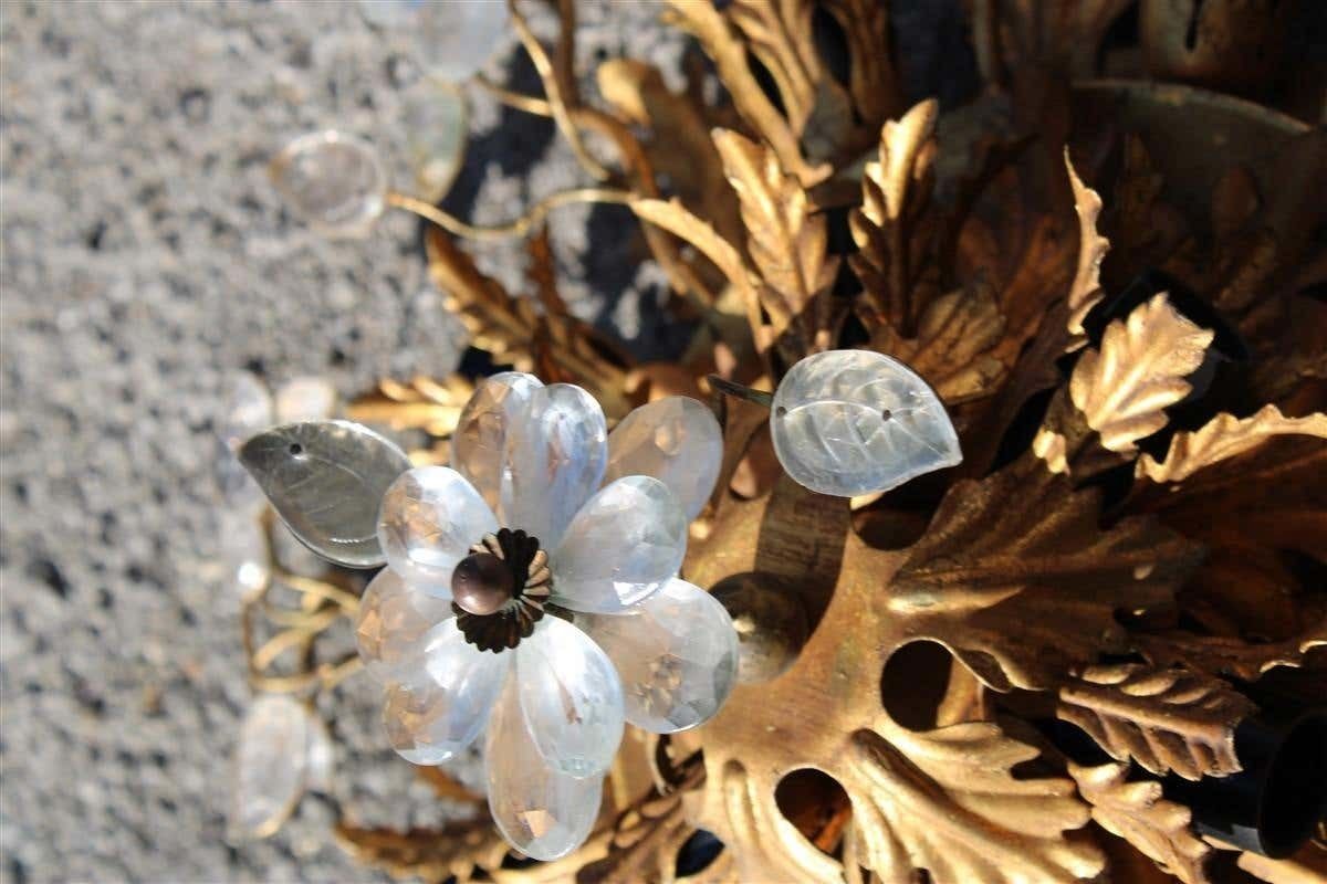 Pair Of Round Ceiling Lights In Golden Metal And French Midcentury 1950s Crystal photo buy