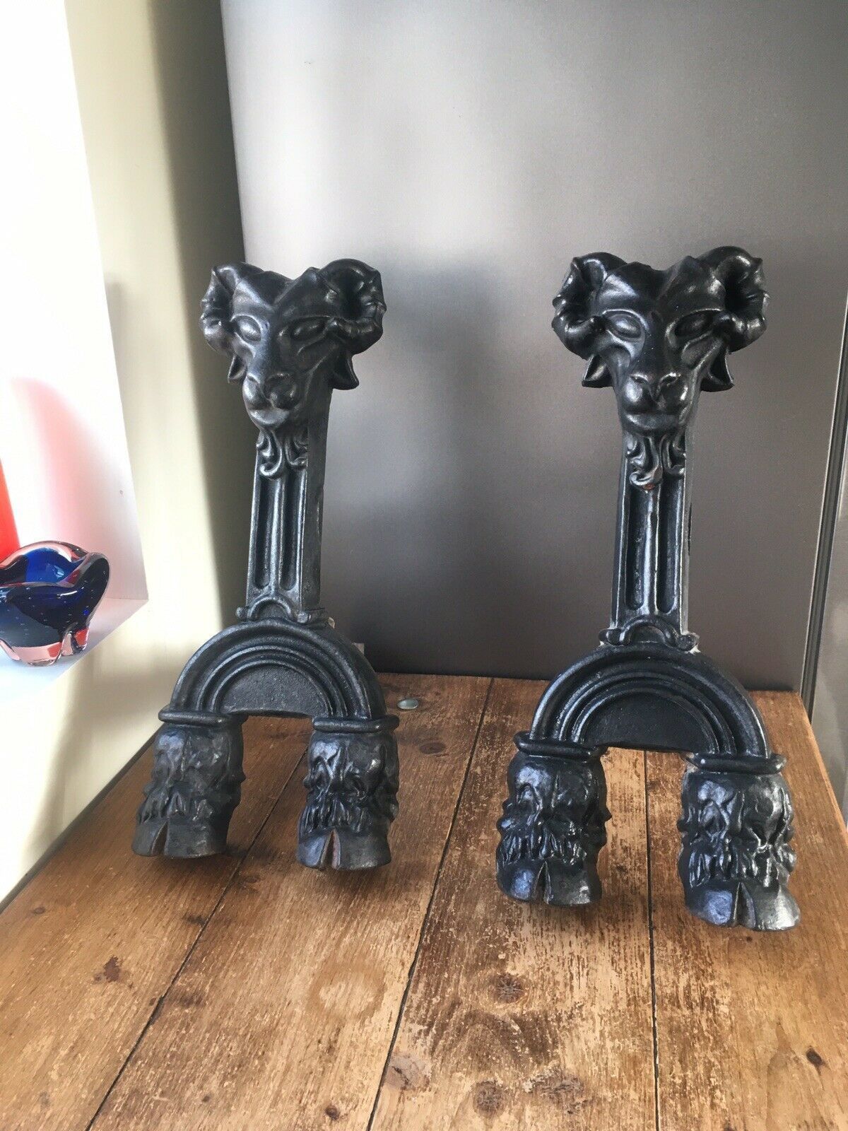 Exceptional Antique Rams Head & Hoof Cast Iron Fireside Fire Dogs Andirons 50kg photo buy