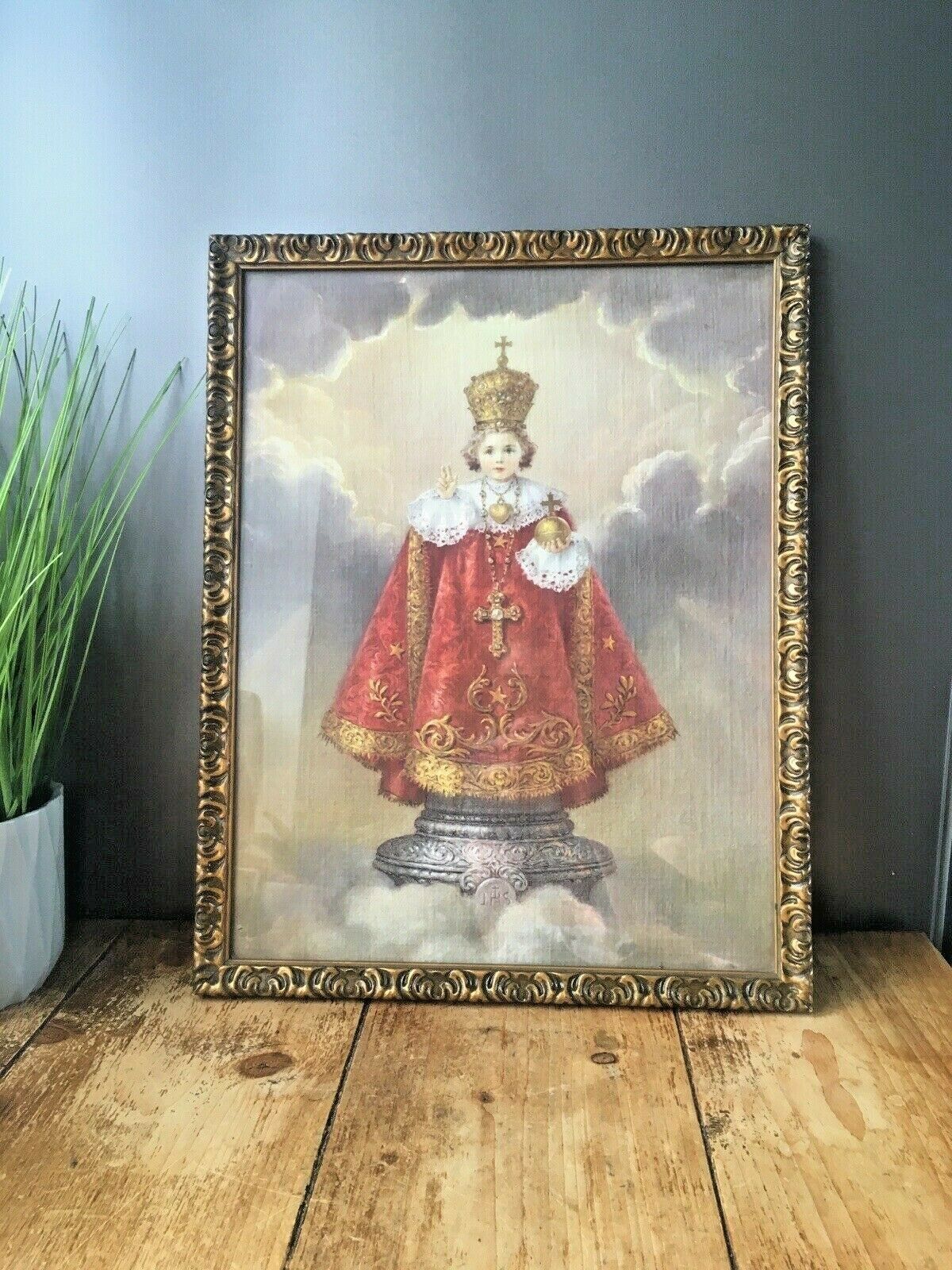 Antique Ecclesiastical Infant Jesus Of Prague Silk Print Religious Art Vintage photo furniture
