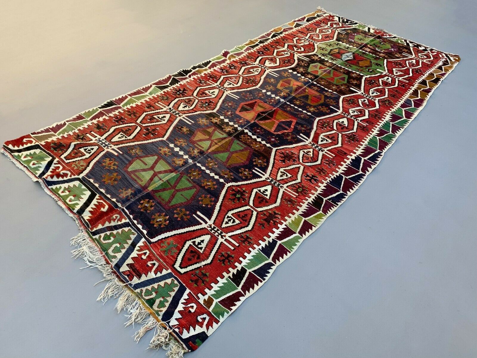 Vintage Turkish Kilim 348x154 Cm Wool Kelim Rug Large Red, Black, Green photo for sale