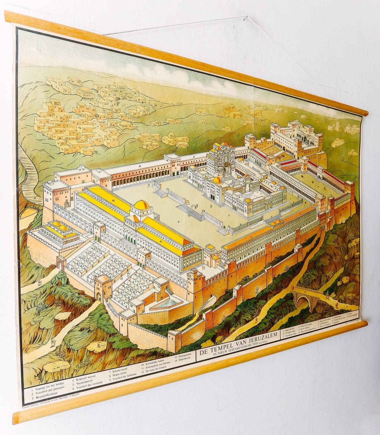 Vintage Mid Century Wall Chart Dutch Religious Temple Of Jerusalem Rare photo for sale