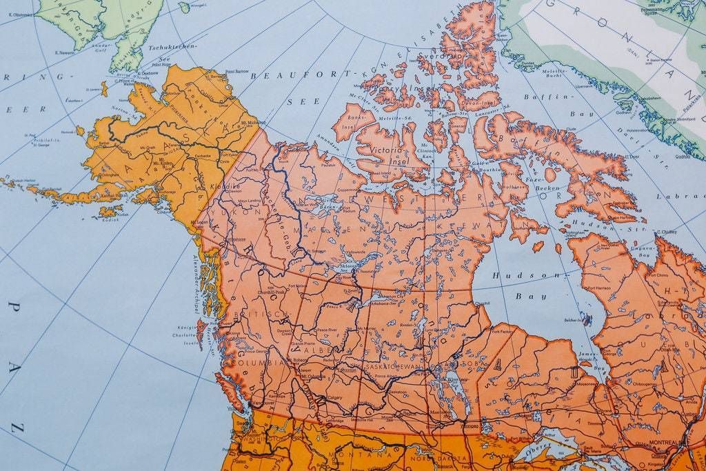 Original Mid Century Large Vintage German Educational School Wall Chart North America USA Canada Alaska Map Haack photo furniture