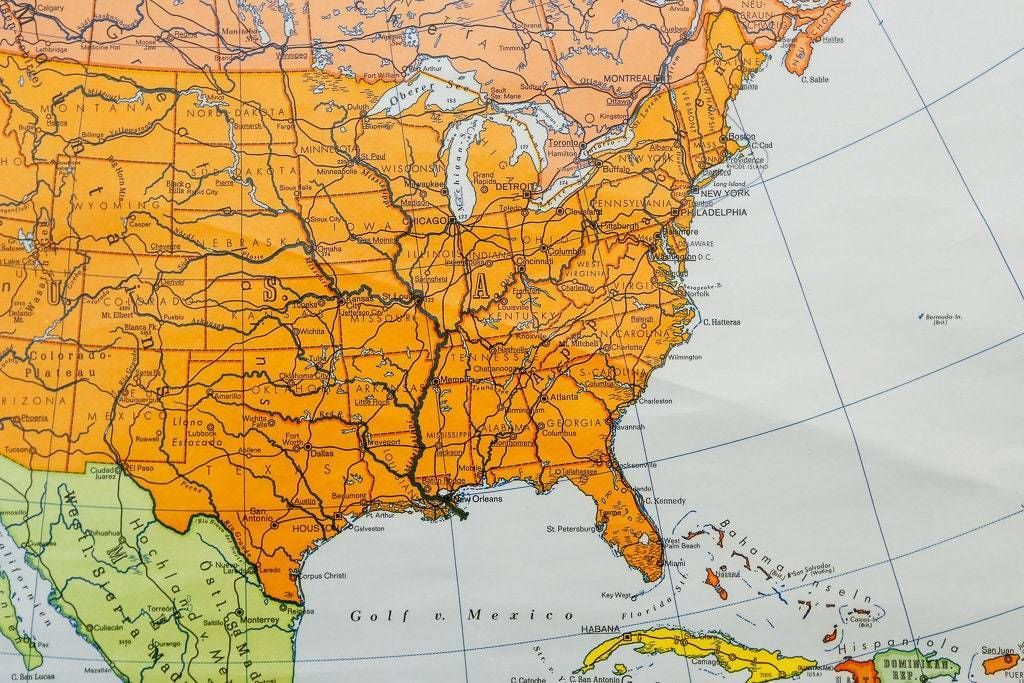 Original Mid Century Large Vintage German Educational School Wall Chart North America USA Canada Alaska Map Haack photo 171.0