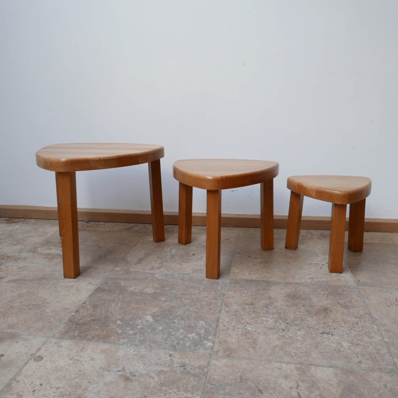 Trio Of Oak Mid Century Nesting Tables In Manner Of Pierre Chapo photo furniture