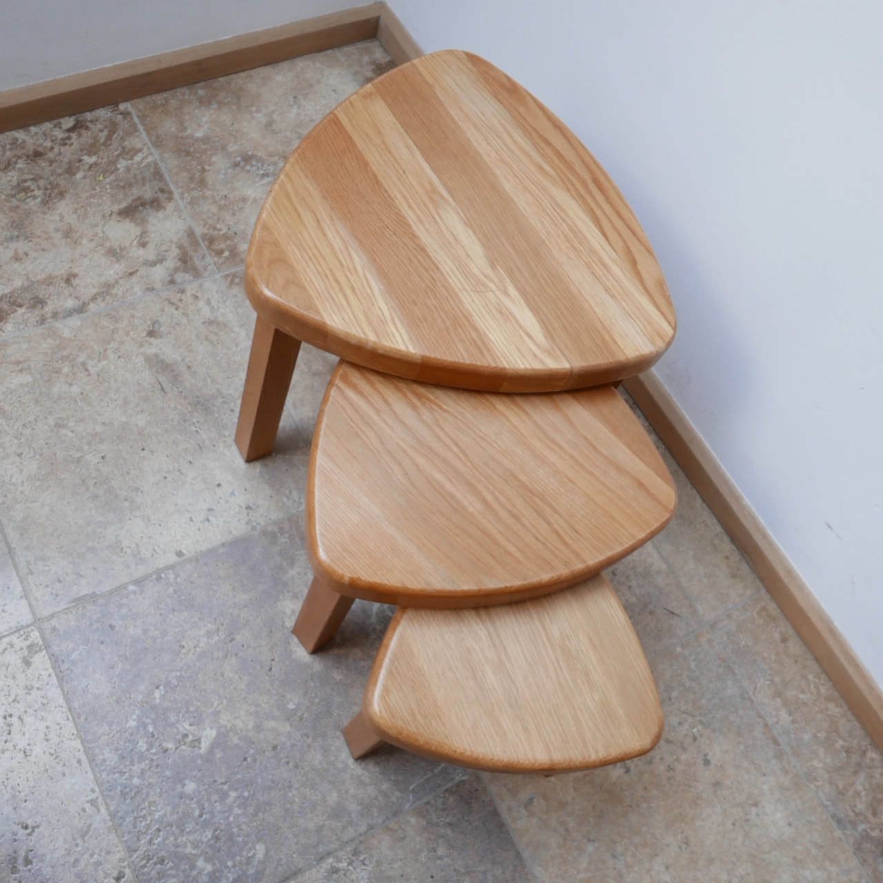Trio Of Oak Mid Century Nesting Tables In Manner Of Pierre Chapo photo Furniture