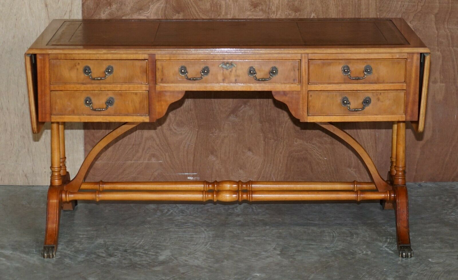 Extending Writing Table Desk, Burr Yew Wood Brown Leather Gold Leaf Embossed Top photo for sale
